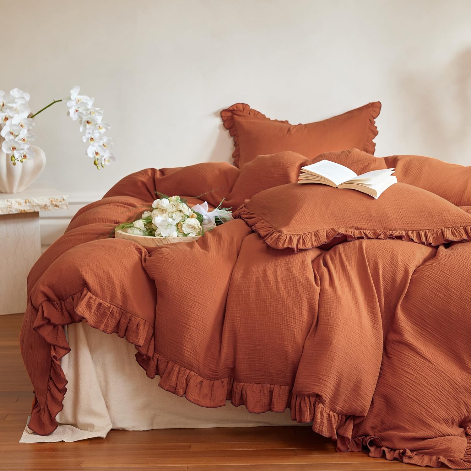 Simple&Opulence 100% Muslin Cotton Duvet Cover Set Queen Size, 2-Layer Gauze Ruffle Comforter Cover with Linen Like Texture, 3Pcs Breathable Soft Shabby Boho Chic Bedding for All Seasons(Burnt Orange)