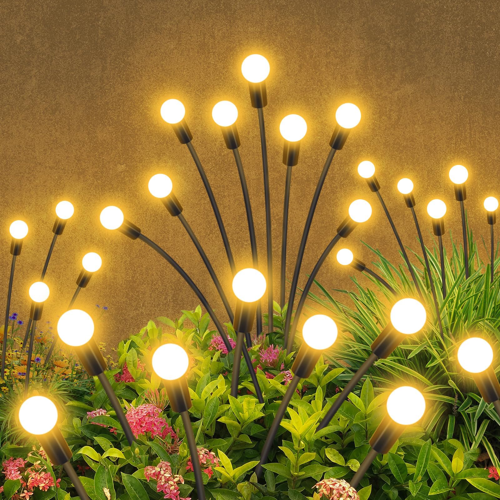 Solar Outdoor Waterproof Garden Lights, 2 Pack 16 LED Decorative Swaying Firefly Lights for Pathway Party Christmas Decor, Warm White