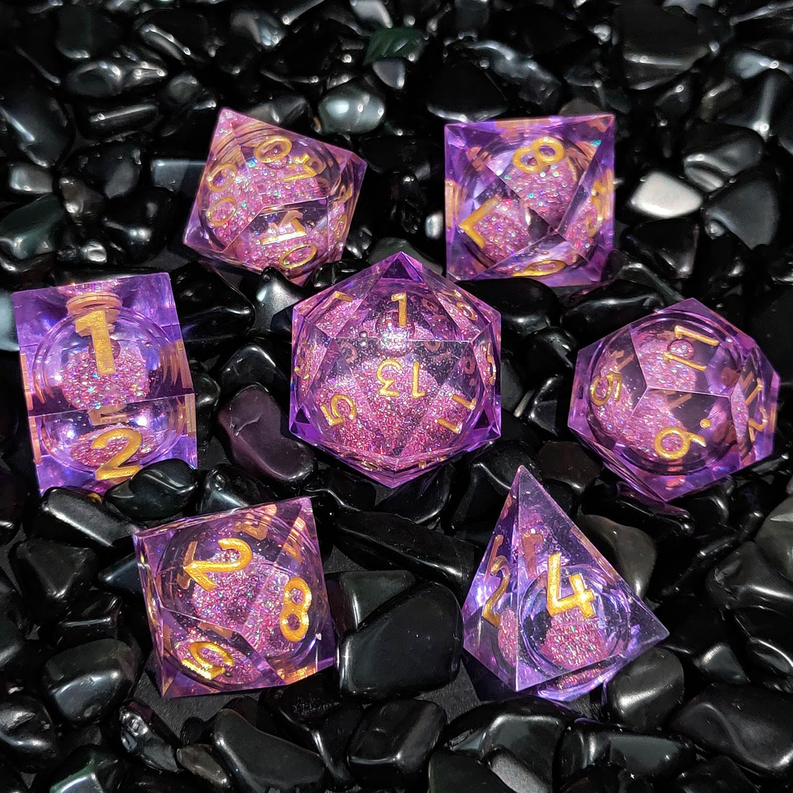 ORUZA 7 PCS Liquid Core DND Dice Resin Sharp Edge Dice Polyhedral D&D Dice Set for Dungeons and Dragons RPG MTG Table Games (Liquid Quicksand Purple)