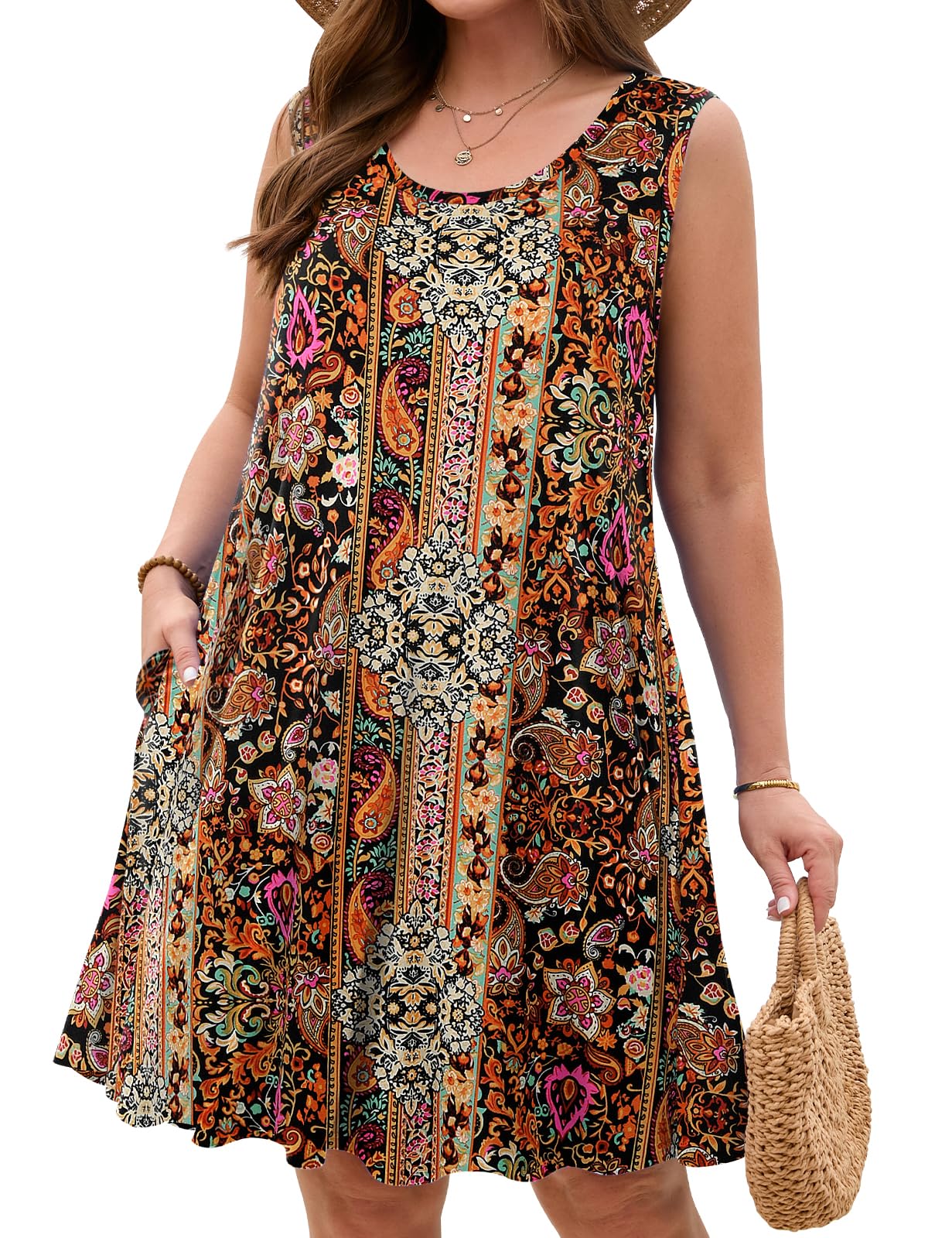 JollieLovin Women Plus Size Curvy Summer Tank Sun Dresses Sleeveless Causal T-Shirt Dress Beach Swing Cover up(L-5X)