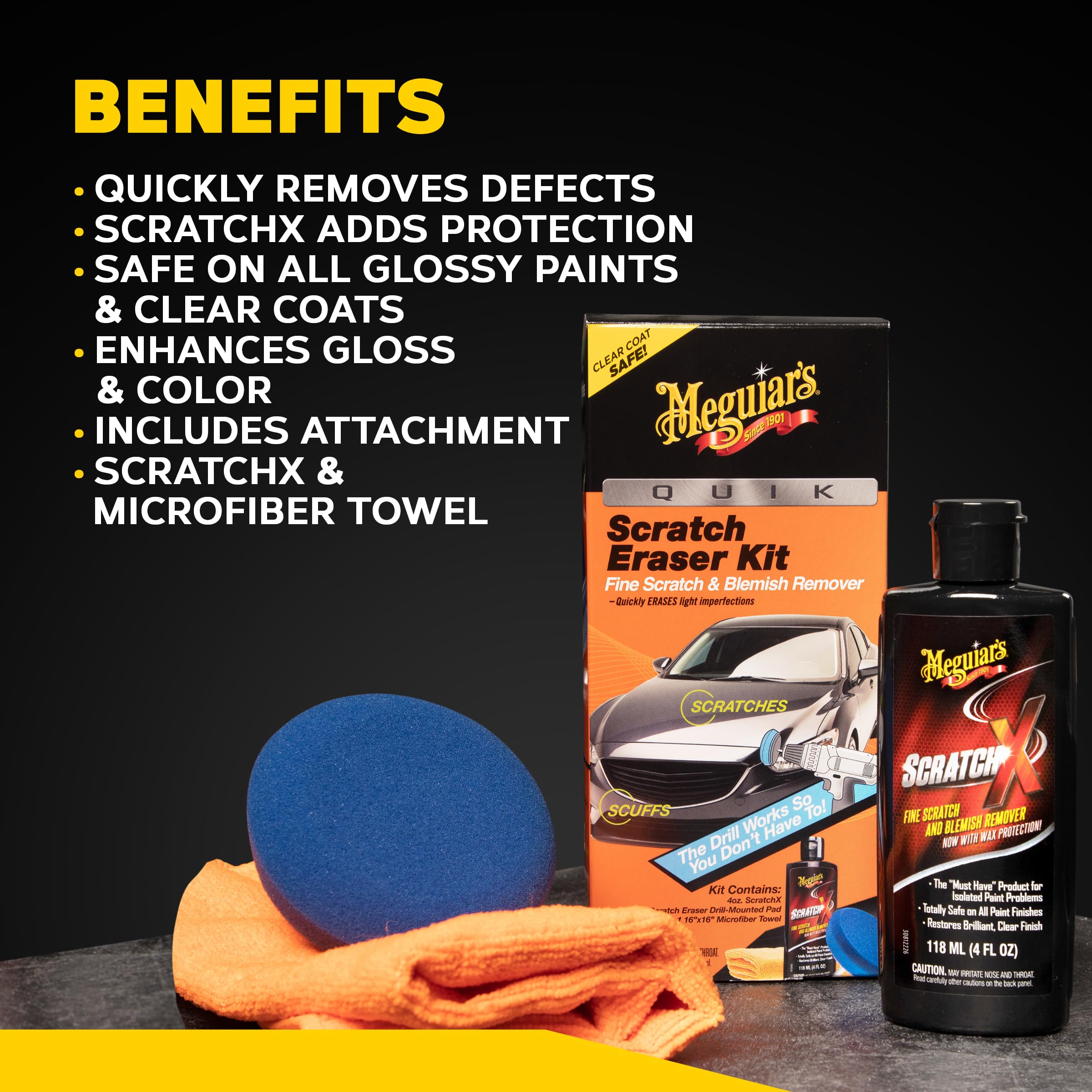 Meguiar's Quik zestaw do usuwania zadrapań samochodowych, który usuwa niedoskonałości, zawiera Meguiar's ScratchX, podkładka montowana na wiertarce, ręcznik z mikrofibry