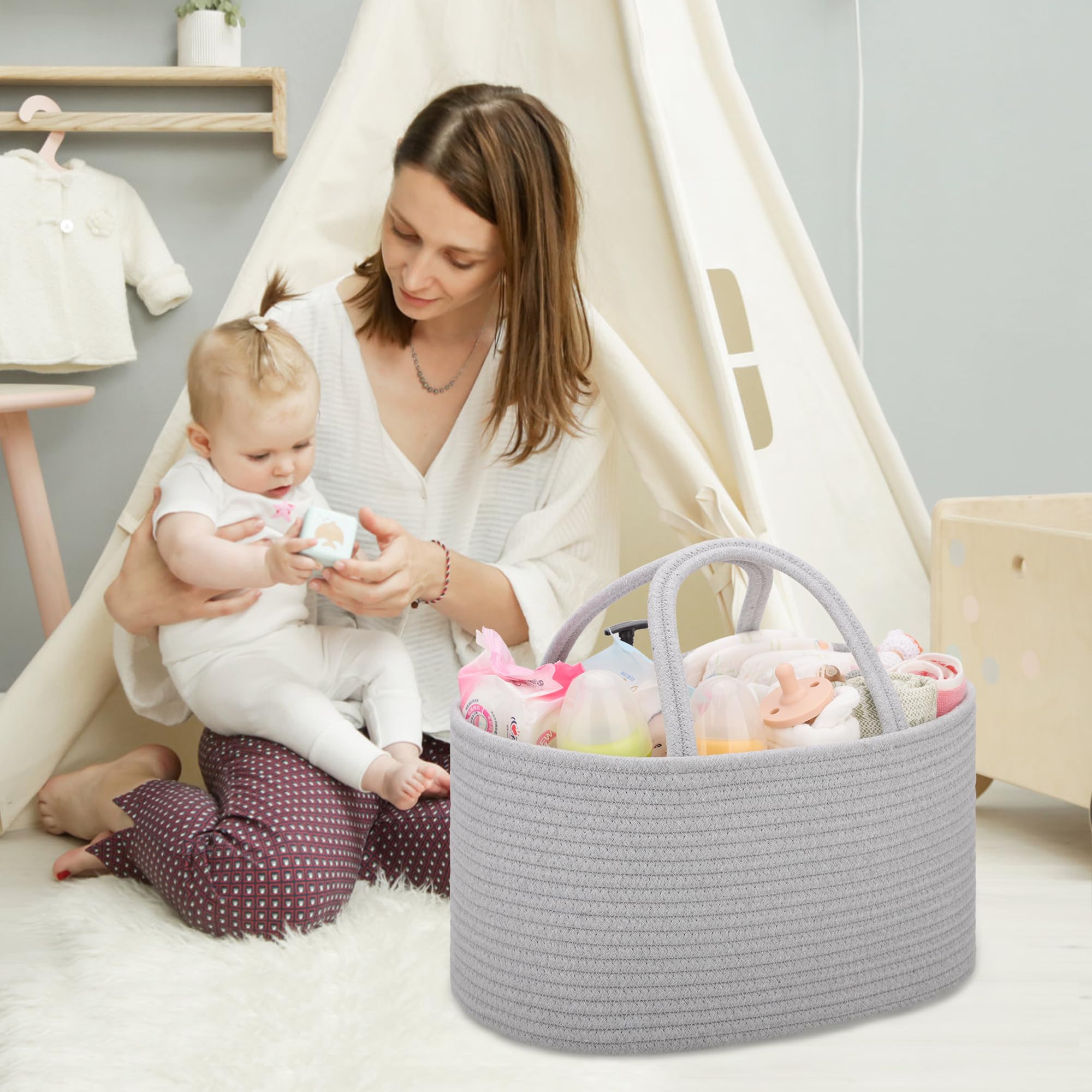 COMSE Large Nappy Caddy Organizer for Girl Boy Baby Car Diaper Caddy with Handles, Cotton Rope Diaper Basket - Image 3