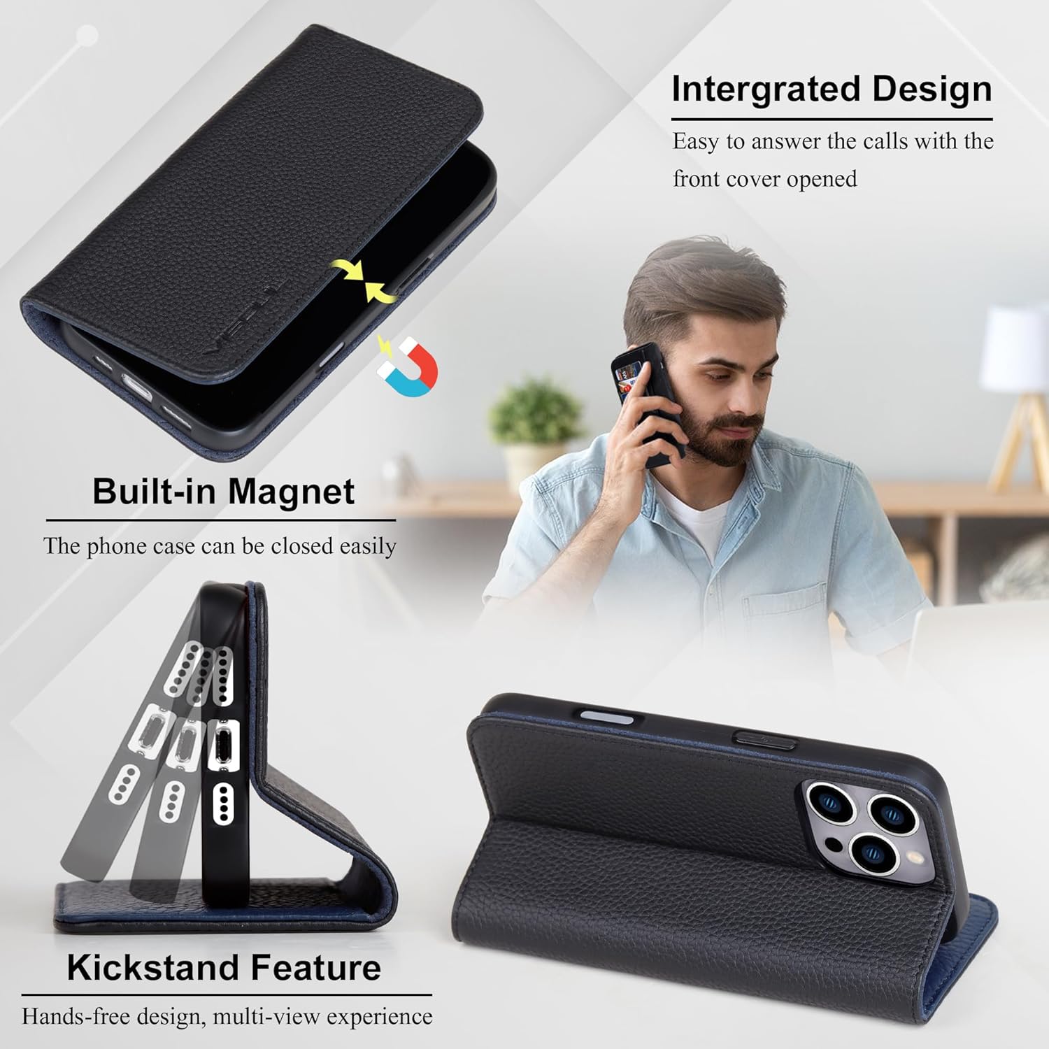 VISOUL Wallet Case for iPhone 16 Pro Max, Pebbled Genuine Leather Wallet Case with Card Holder Kickstand Flip Folio Cover Designed for iPhone 16 Pro Max(6.9 inch)-Black+Navy Blue