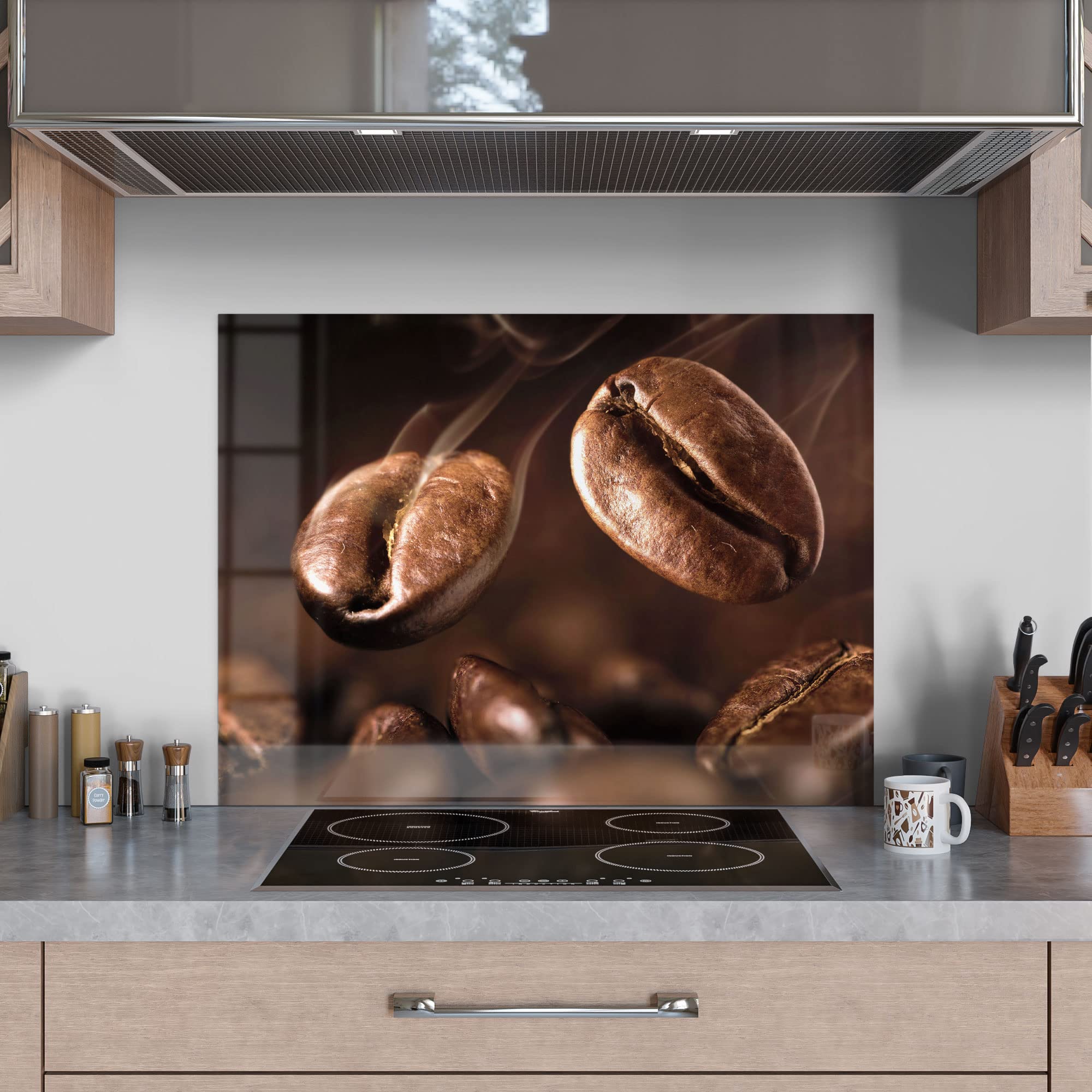 DEQORI Szklana ścianka kuchenna, motyw pachnących ziaren kawy, 80 x 60 cm, tylna ścianka do łazienki lub kuchenki, osłona kuchenki, ochrona przed pryskaniem, do kuchni i łazienki, nowoczesna dekoracja