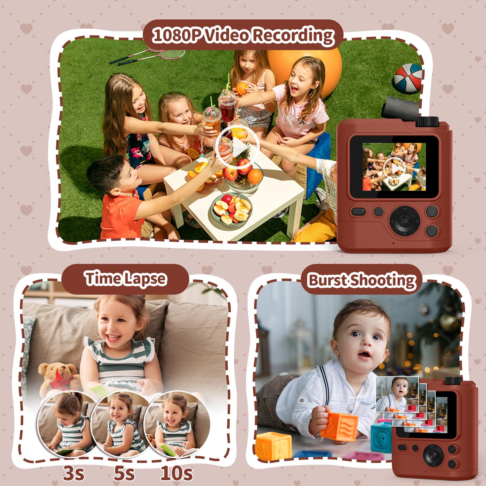 Gofunly Kids Camera Instant Print, 1080P Digital Camera for Kids with 32GB Card & 5 Print Paper Rolls - Image 3