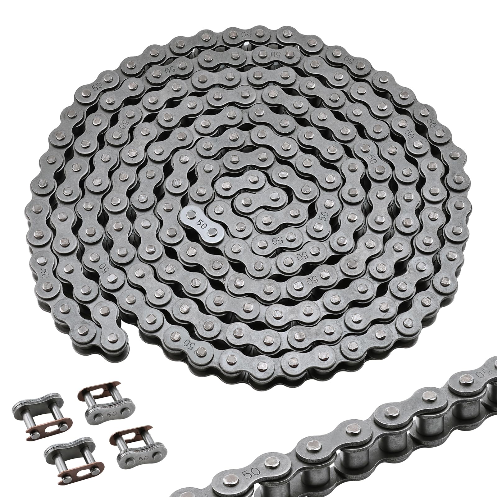#50 Roller Chain, 10 Feet Carbon Steel Chain with 4 Free Connecting Links