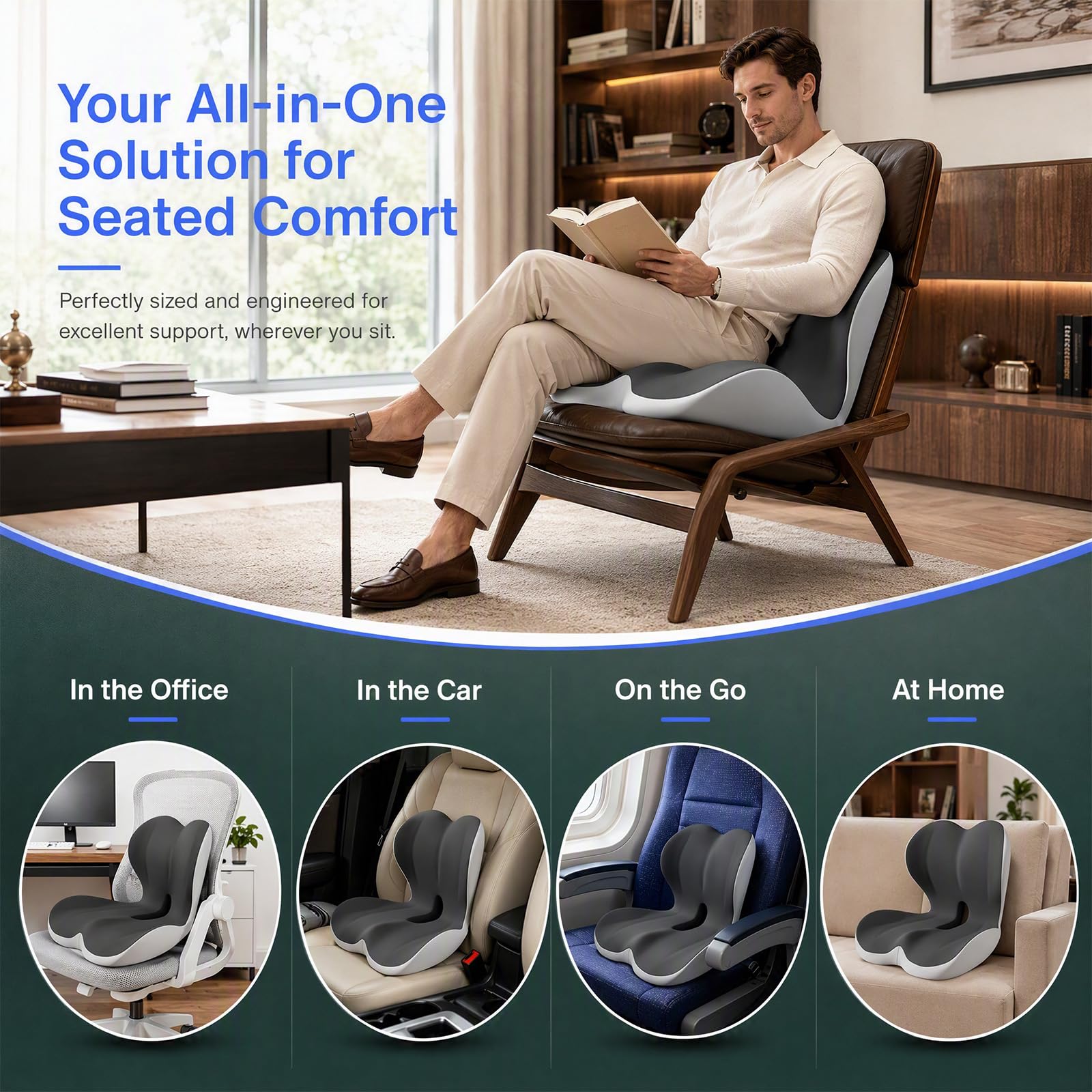 Cuscino ortopedico con schienale, cuscino ergonomico per sedia da ufficio e auto, cuscino per coccige in memory foam contro il mal di schiena, supporto lombare