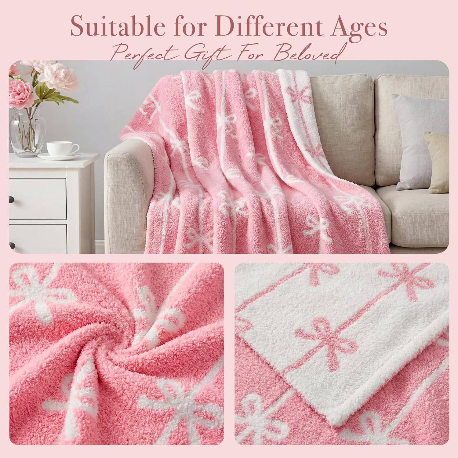 Pink Bow Throw Blanket - Soft Stripe Throw for Women Girls Teens Kids as Gifts Cozy Fuzzy Reversible Home Decor Blankets for Couch Sofa Bed Camping 50"x60" - Image 7