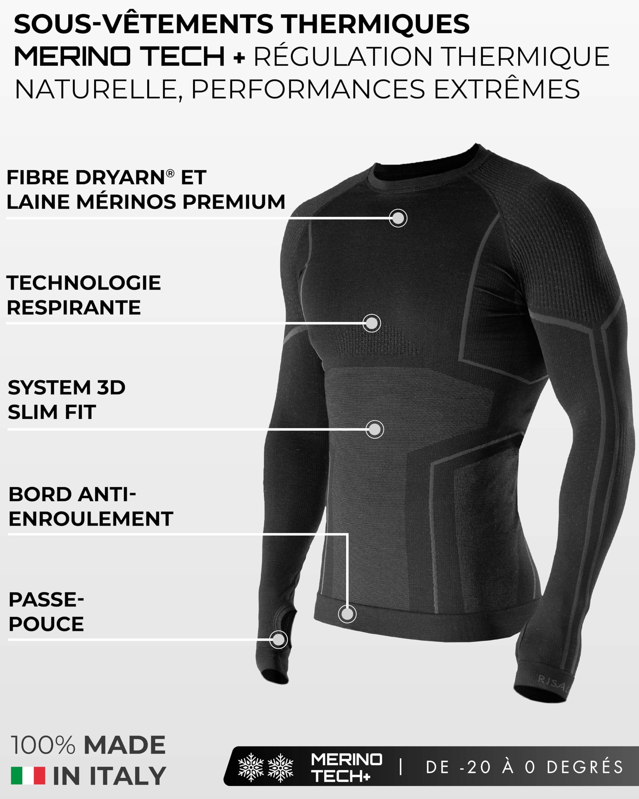 Risalti Maillot thermique homme à manches longues Merino Tech – Maillot thermique pour homme à compression en laine mérinos, sous-vêtements thermiques pour homme d'hiver et sans couture – Fabriqué en