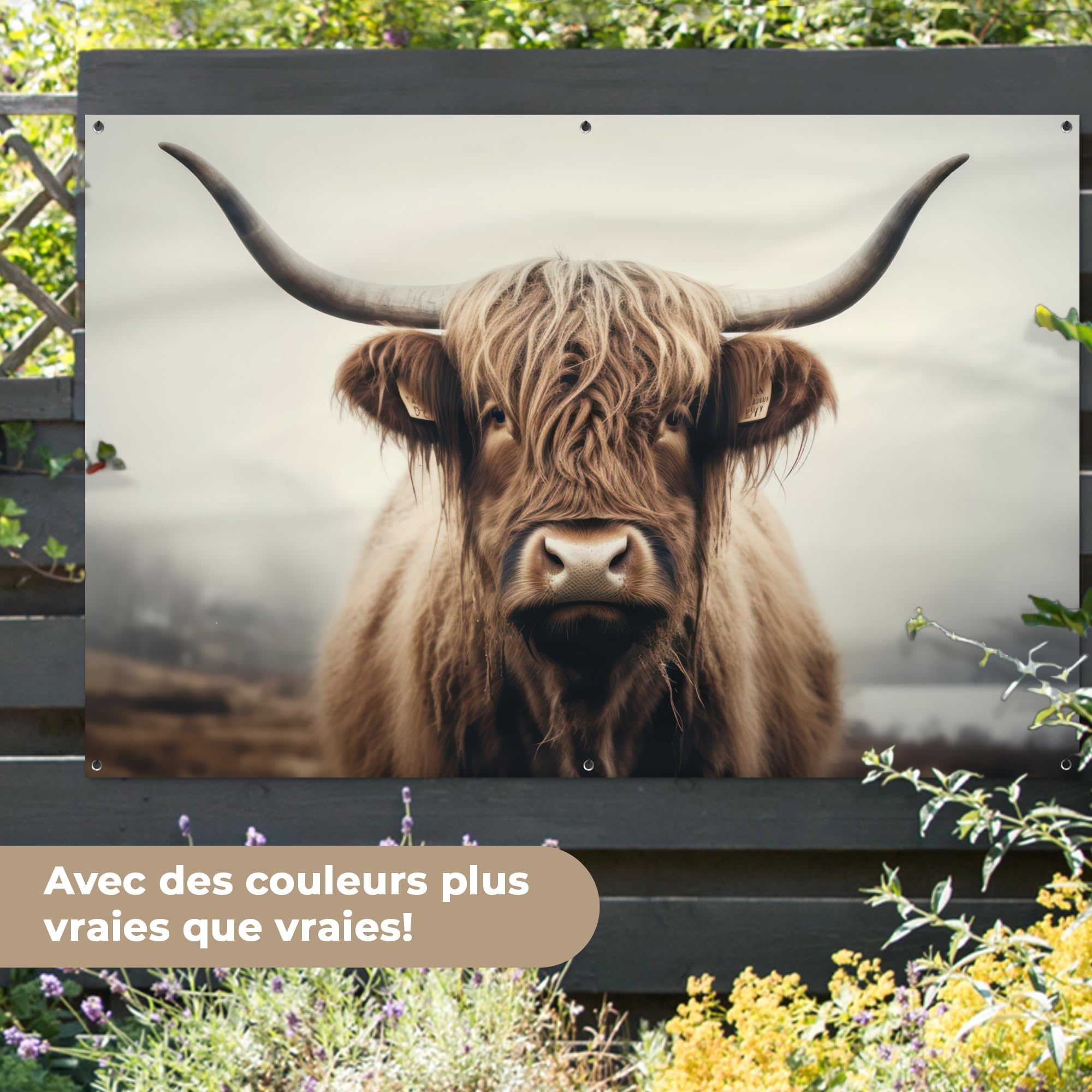 MuchoWow© Poster De Jardin Decoracion Balcón Wall Decoration Adornos Pared | 180x120 cm - Terraza Exterior Decoración Patio Posters Decorativos Highlander escocés - Cuernos - Paisaje