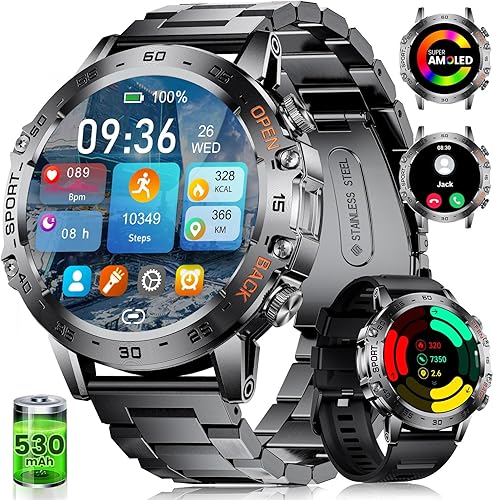 Military Smart Watch for Men(AnswerDial Calls),1.45'' AMOLED100 Sports Modes, 5ATM Waterproof Fitness Watch with Heart RateSpO2Sleep Tracker for