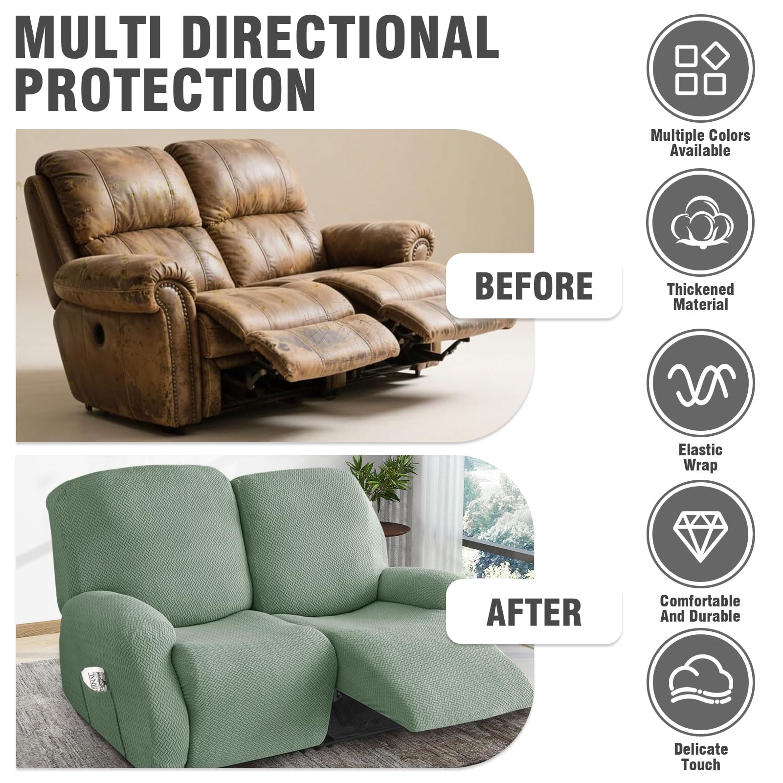 Rivestimento per poltrona a 2 posti, elasticizzato, con tasche, per poltrona e poltrona relax (verde chiaro, 6 pezzi)