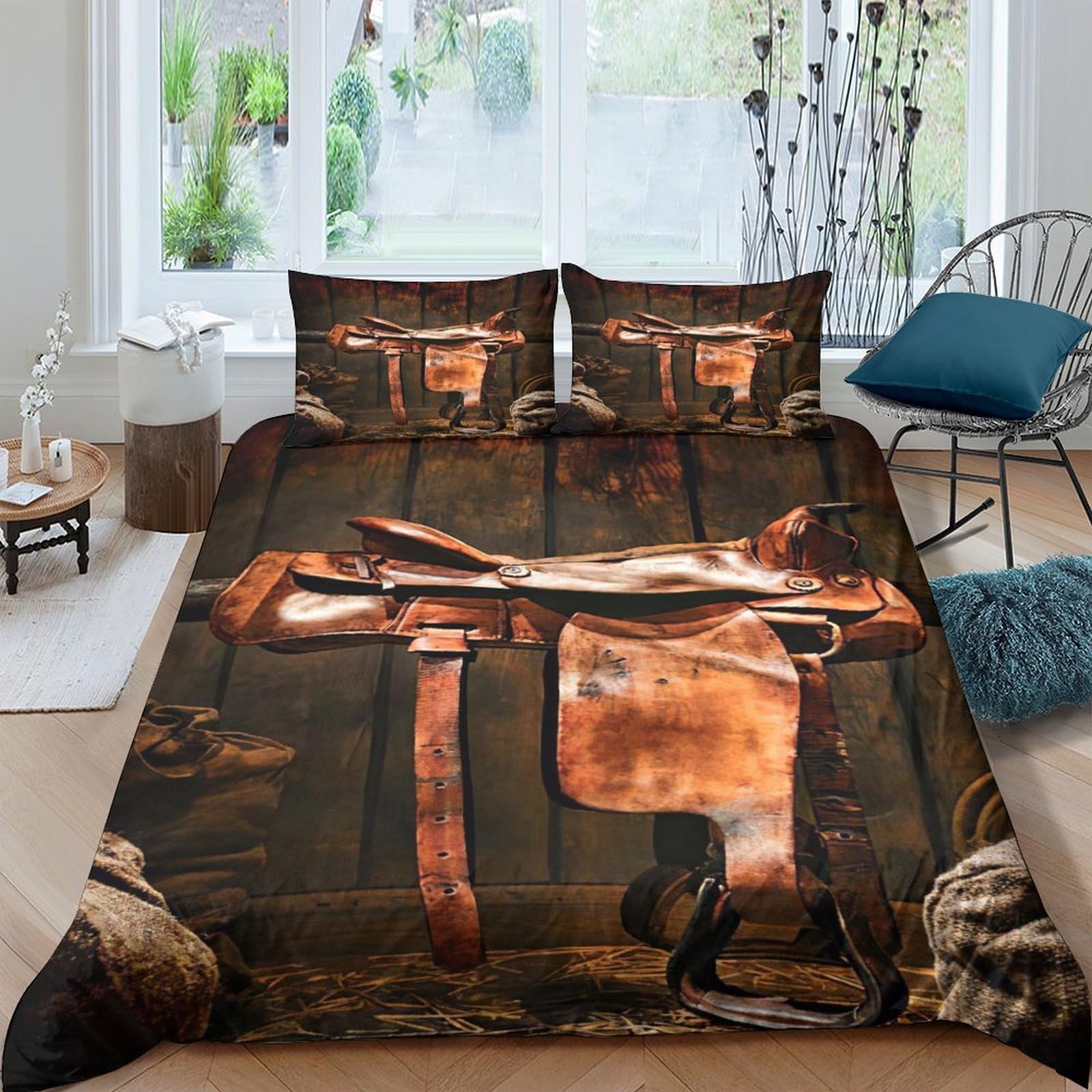 GPLZQXKJNH 3D Printed Western Saddle Duvet Cover Microfiber Soft Breathable Cowboy Rodeo Quilt Cover Set with 2 Pillowcases for Bedroom Decor Single（135x200cm）