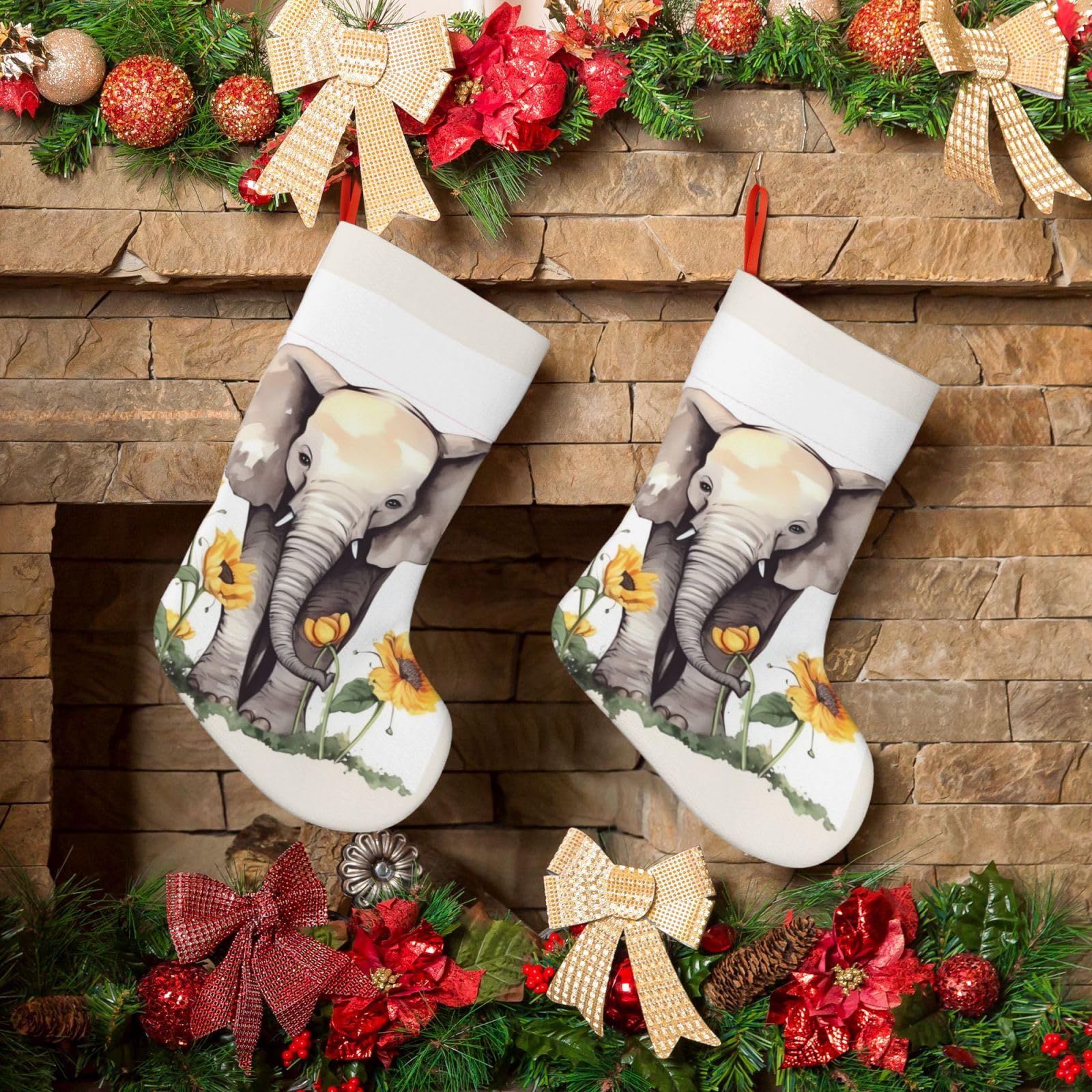Fodpand Boys Black Elephant And Sunflower Christmas Stockings Hanging Ornaments For Holiday Decor, 18 Inches Velvet Fireplace Hanging Xmas Stocking, Candy Gift Bags For Christmas Decorations