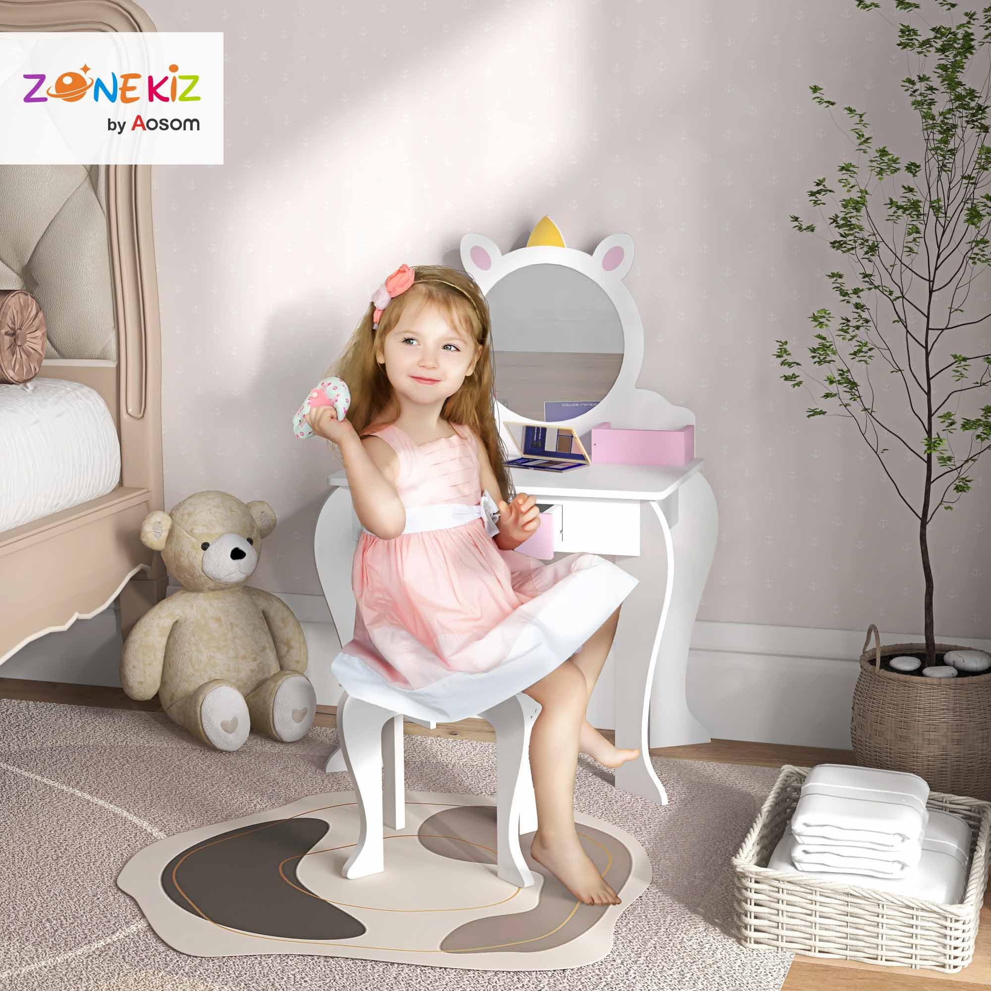 ZONEKIZ Tocador Infantil con Taburete y Espejo, Tocador para Niñas con Cajón, Compartimentos, Diseño de Unicornio, Mesa de Maquillaje para Niños y Niñas de 3-6 Años, Blanco