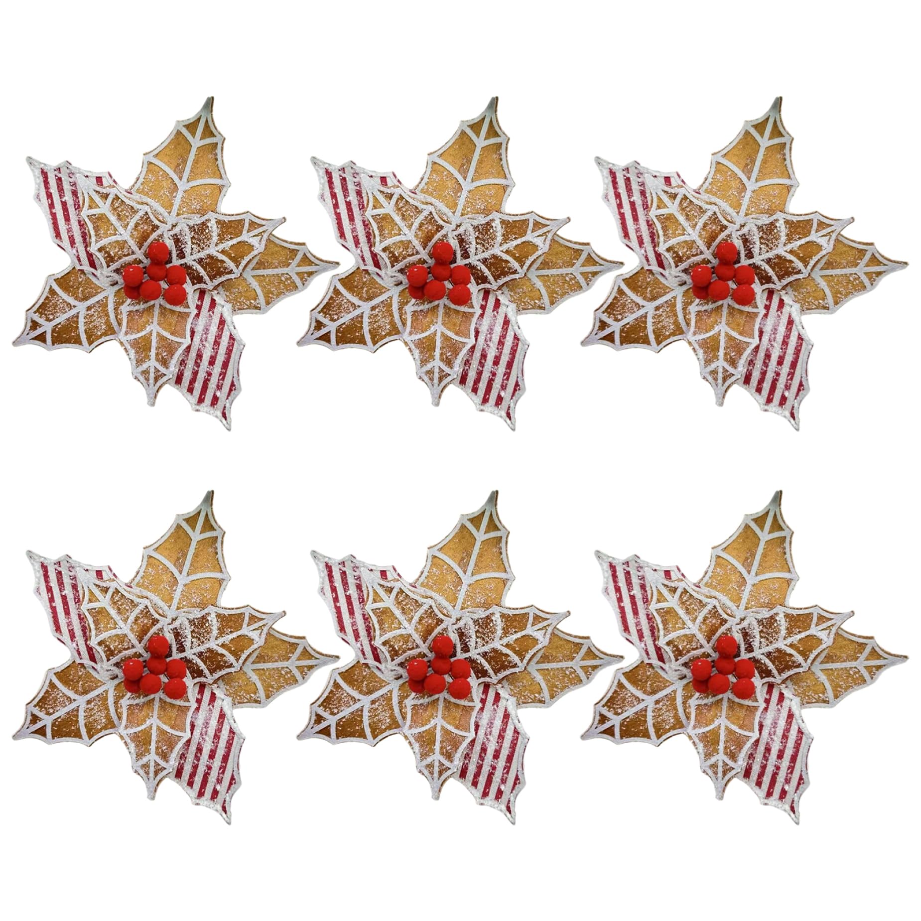 Syglawnd Artificial Flowers, Poinsettia Flowers Artificial 6Pcs Gingerbread Poinsettias Christmas Glitter Tree Picks with Berries for Xmas Wedding Party
