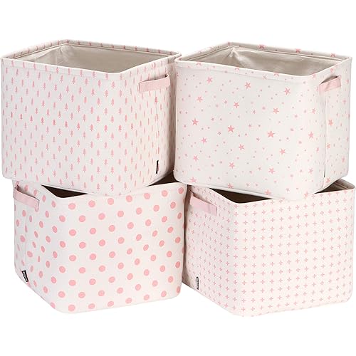 Sea Team Collapsible Canvas Fabric Storage Basket with Handles, Square Storage Box, Cube, Foldable Shelf Basket, Closet, Desk Organizer for Nursery, Home, Office (Pink, Set of 4)
