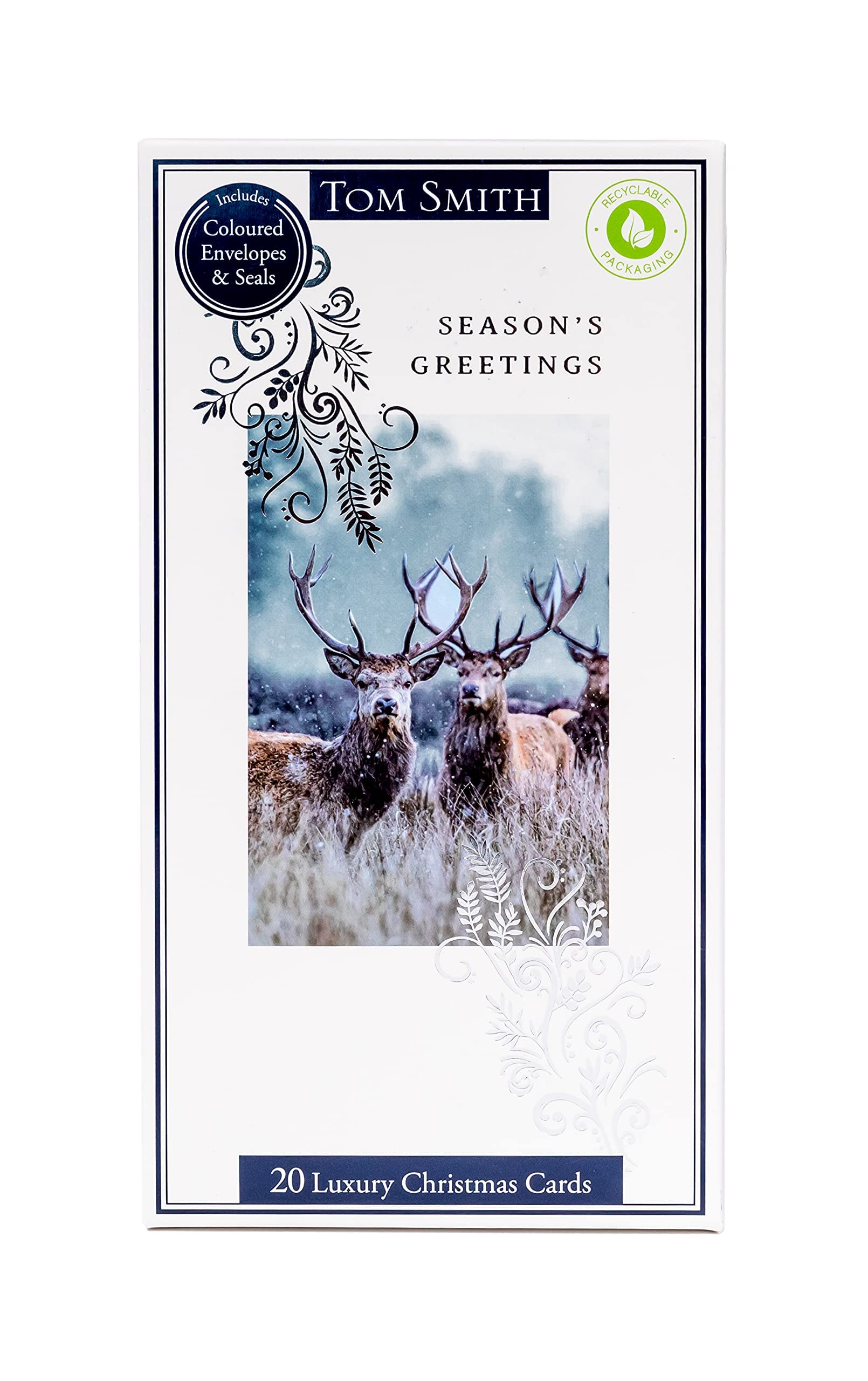 Tom SmithLuxury Slim Photographic Stag - Christmas Cards Multipack, With Framed Stag Photograph - Luxury Christmas Card, Envelopes & Seal Sticker Set - Plastic Free Card Box With 20 Cards