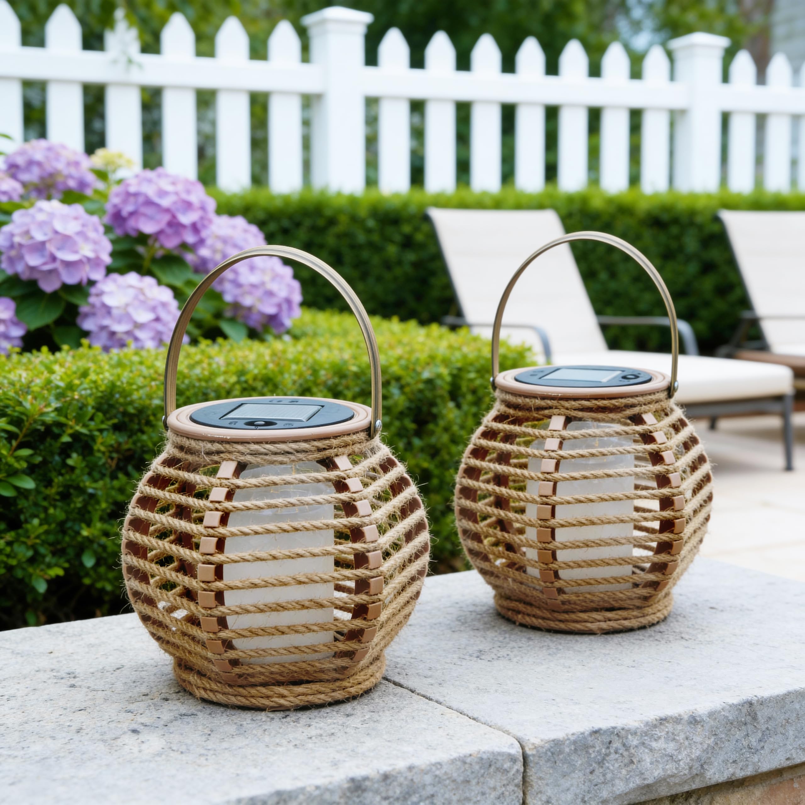 Lanterna solare per esterni, set di 2 lampade solari da giardino con accensione e spegnimento automatico, lanterna intrecciata in fibra naturale, bianco caldo, impermeabili, per terrazza, balcone