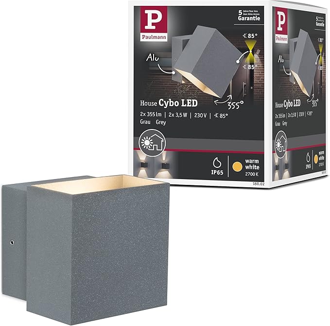 Paulmann Paulmann 18002 wandlamp huis wand LED oriëntatielicht Cybo vierkant lamp 2x3W grijs 100x100 mm buiten IP65 beschermd tegen waterstralen lichtaccenten