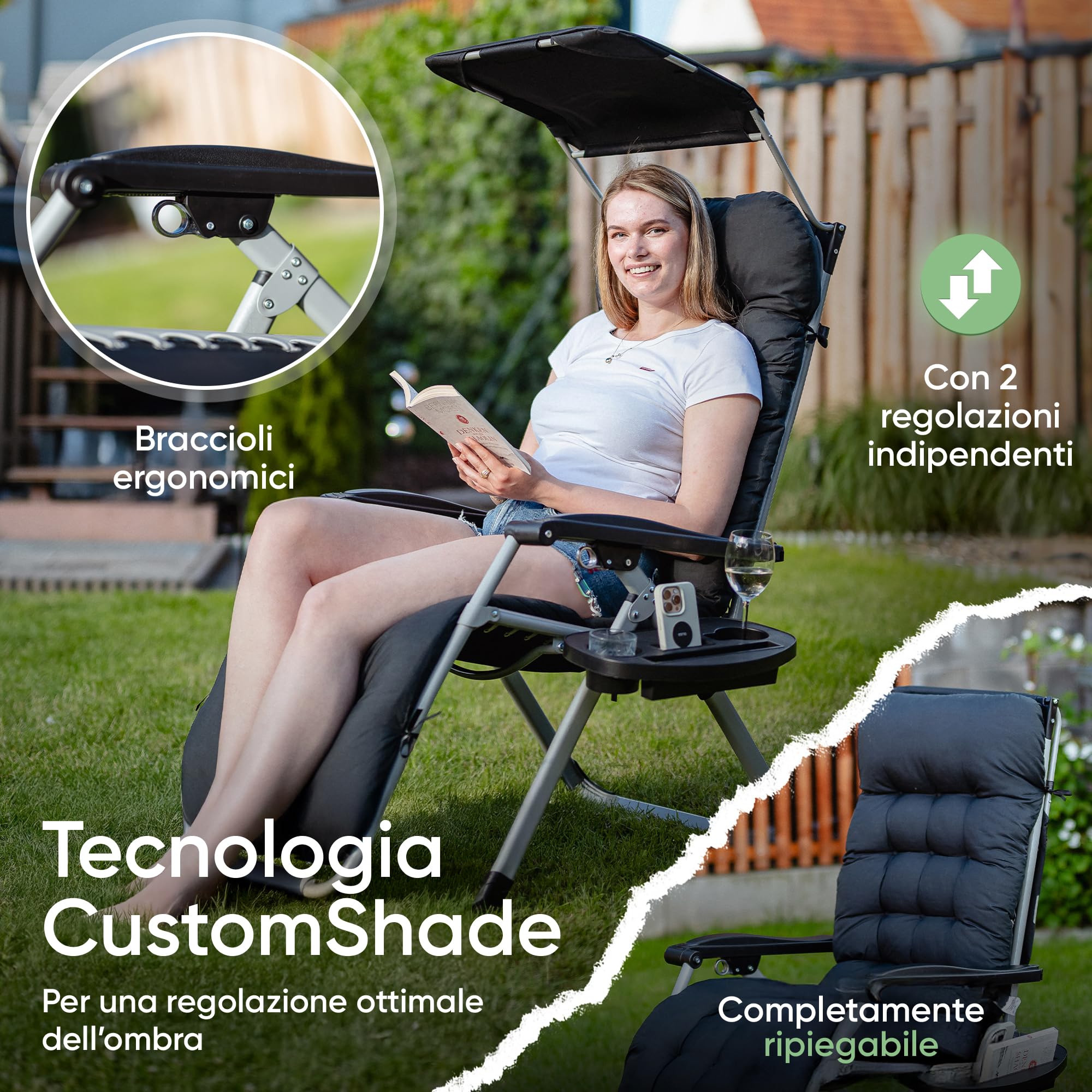 NatureLiving® Sdraio Prendisole Pieghevole con Tettuccio – Robusta, Richiudibile, Resistente alle Intemperie – Lettino da Giardino e Balcone XXL, Reclinabile, Outdoor Relax, Portata 200 kg (Nero)