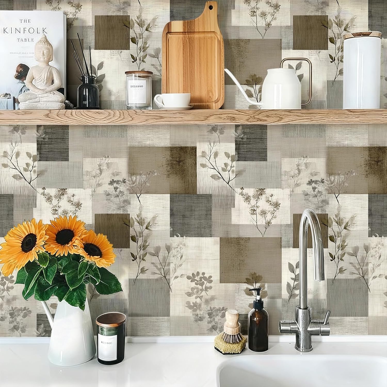 Neutral Patchwork Botanical Wallpaper Peel and Stick Removable 17.7" x 236.22" Subtle Mossy Leaf & Twig Accents Wall Paper Self Adhesive for Classroom Bedroom Laundry Room Bathroom