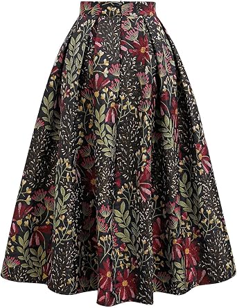 CHICWISH Women Daisy Field Pleated Midi Skirt Printed A-Line Casual High Waist Swing Flared Vintage Skirts with Pockets