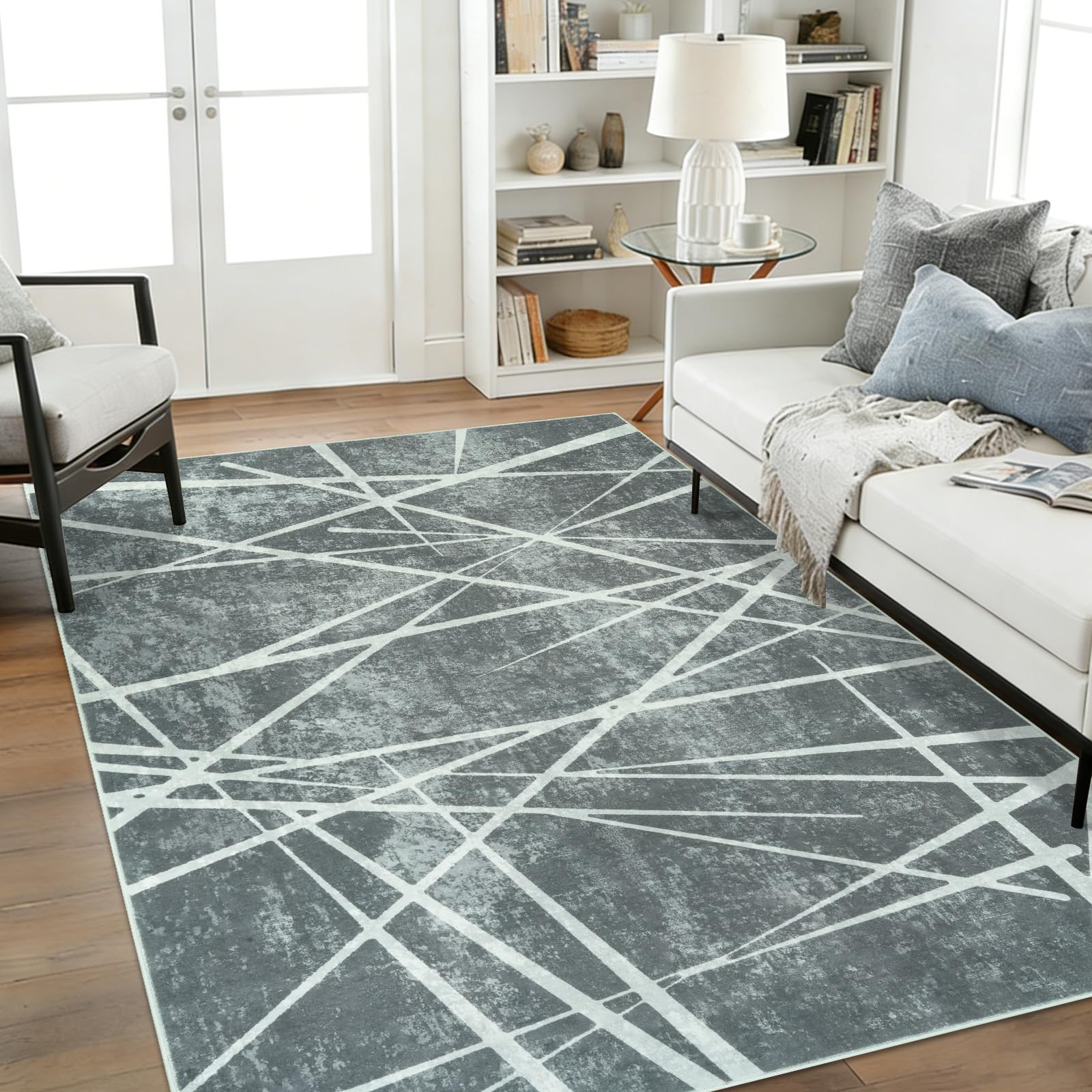 Edlbaegy Rugs Living Room Washable 120x170cm Rugs For Bedroom Abstract Modern Grey Low Pile Non Slip Carpet For Dining Room Lounge