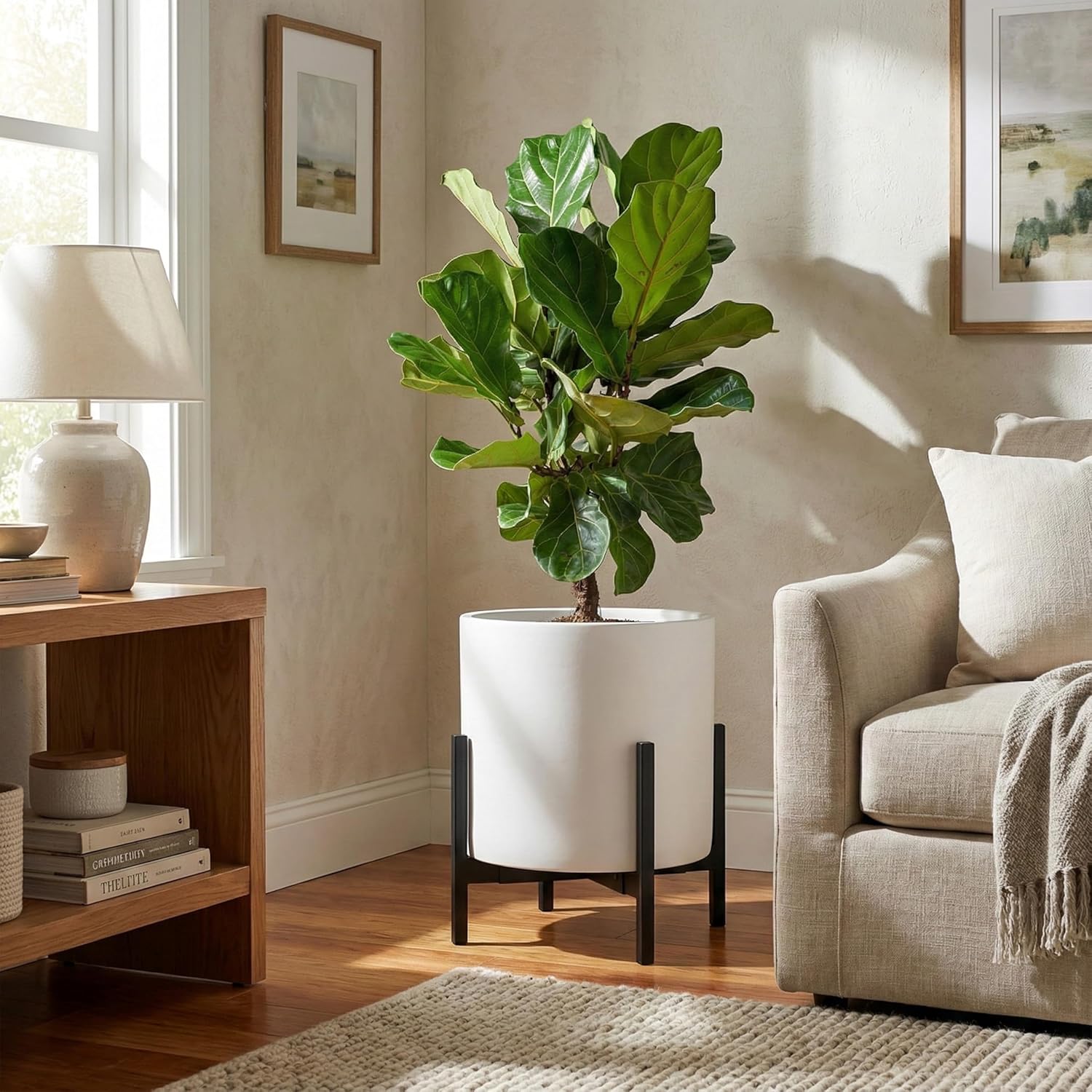 FaithLand 12 Inch Fiberstone Planter - Lightweight Modern Cylinder Plant Pot with Drainage Hole & Plug, Indoor Outdoor Use, Matte White