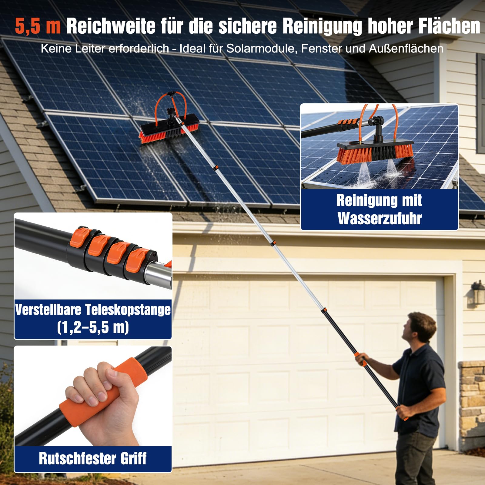 5,5 m Teleskop Waschbürste mit Wasseranschluss, Teleskopstange Reinigungsset mit 180° Bürstenkopf & Seifenspender, Waschbürste mit Teleskopstiel für PV-Anlage, Wintergarten, Terrassendach, Fenster | 5,5 m Teleskop Waschbürste mit Wasseranschluss, Teleskop