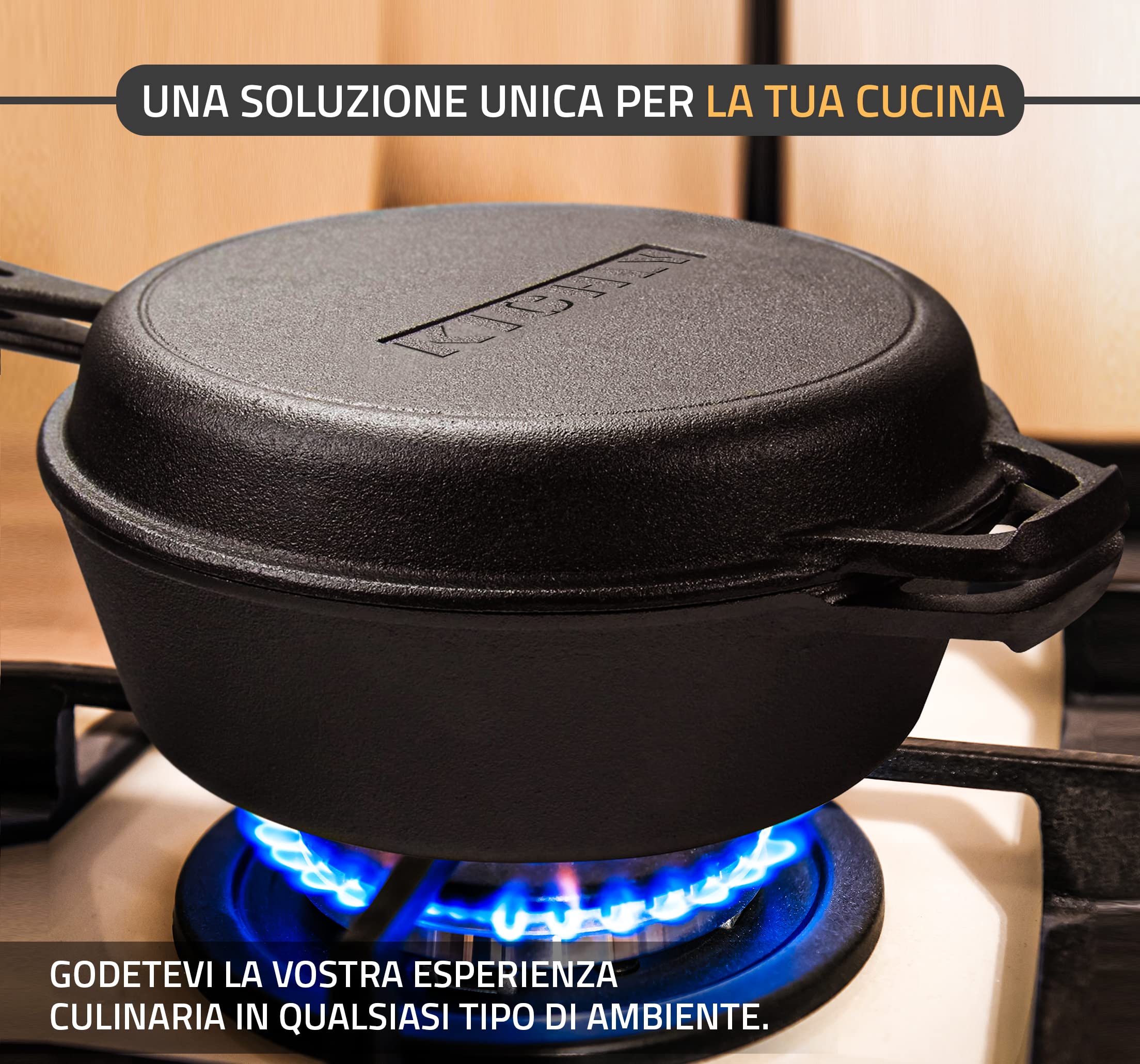 KICHLY Voorgezouten Olanda Oven Vuurpot - Grilpannen mette dubbele functie - Veilige Gietijzeren Combikoker voor Kachel, Kamperen, Binnen en en Buiten - 3L/3,2 Kwart Kookset (2 in 1)