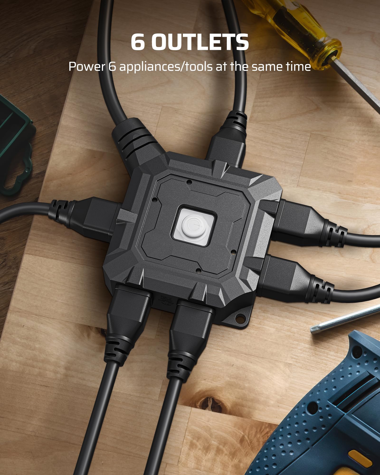 DEWENWILS - Cable de extensión resistente de 25 pies, 6 salidas con interruptor de encendido/apagado y cubierta de silicona impermeable, calibre 14/3 SJTW, cable de alimentación negro, 15A/125V/1875W