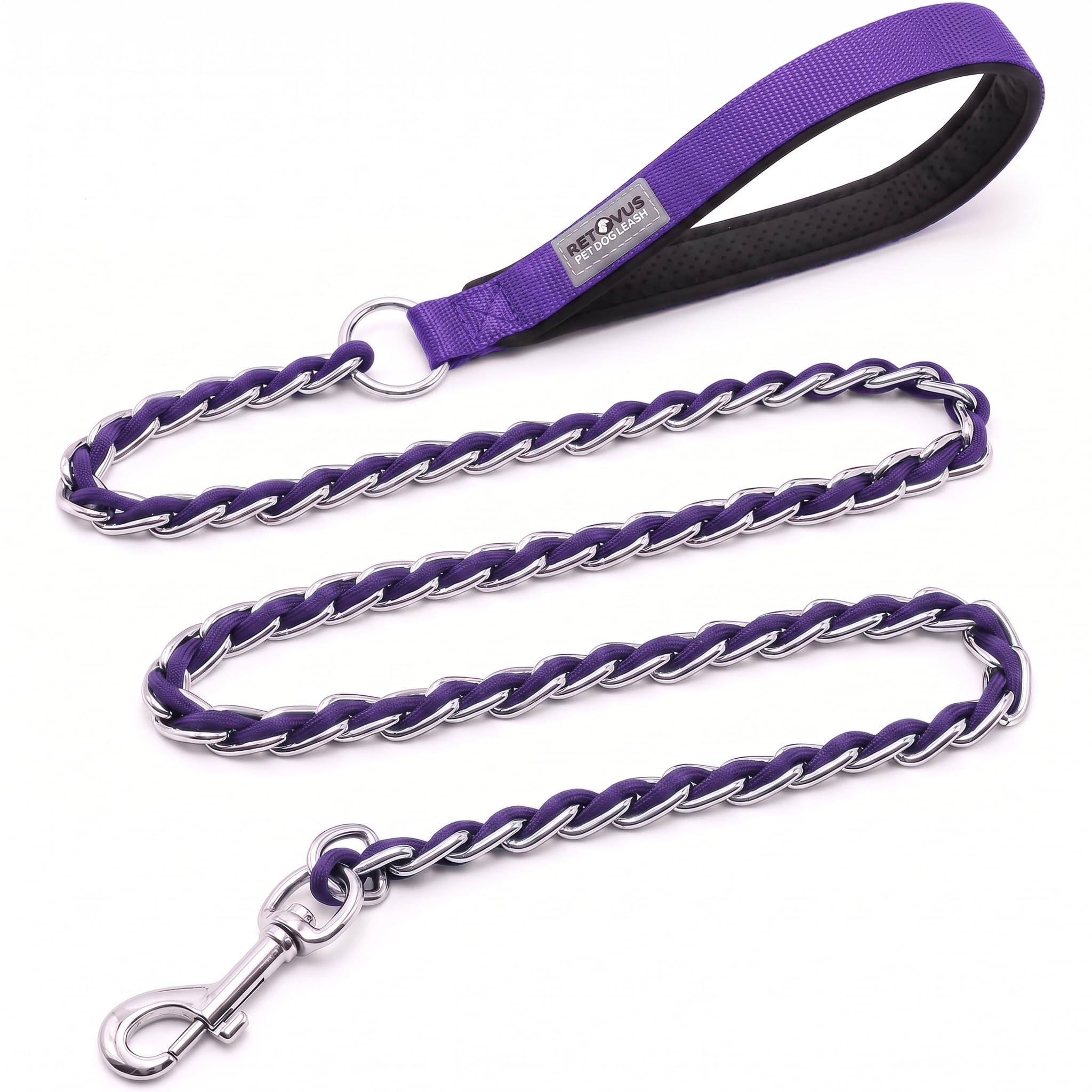 S-ETOVUS-Chain Dog Leash, Bite-Proof Metal Leash, with Padded Handle