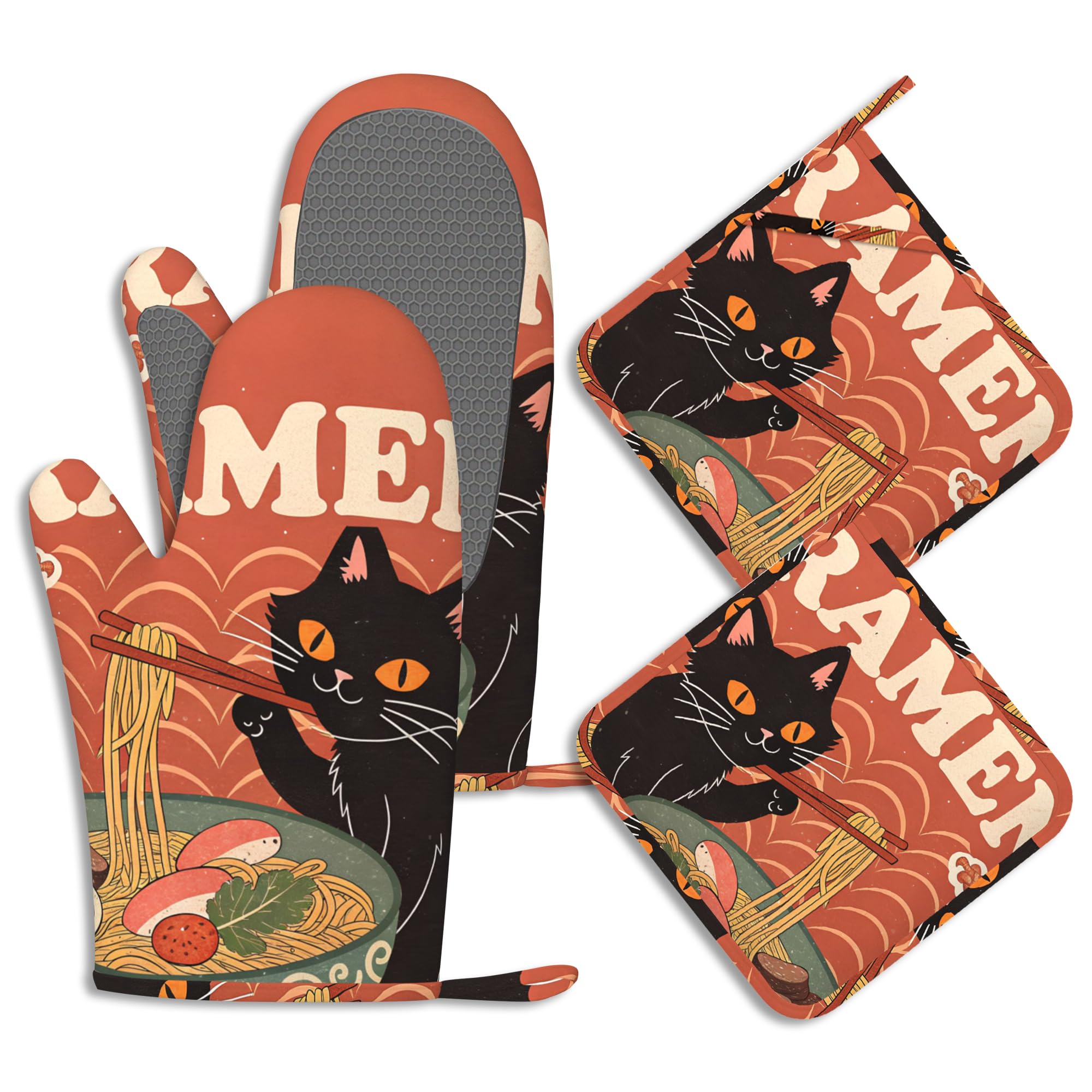 Juego de 4 manoplas de horno y soportes para ollas, diseño de gato negro, juego de 4 guantes largos antideslizantes resistentes al calor, para cocinar, hornear, regalos para mujeres y hombres
