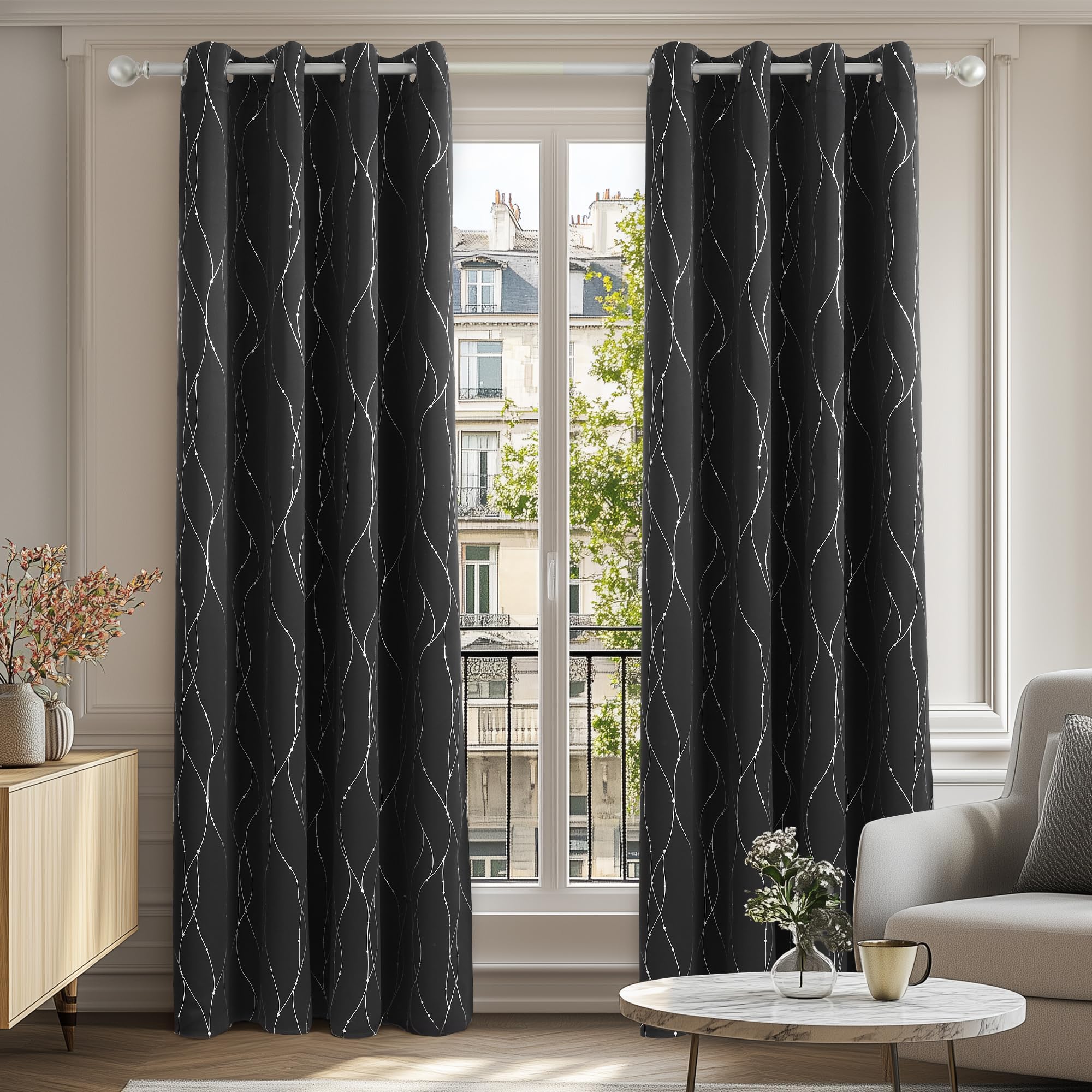Deconovo Thermal Insulated Blackout Curtains with 8 Eyelets for Living Room Windows with Silver Lines 117 x 138 cm 2 Pieces Black Global Recycled Standard OEKO-TEX STANDARD 100 Global Recycled Standard Global Recycled Standard