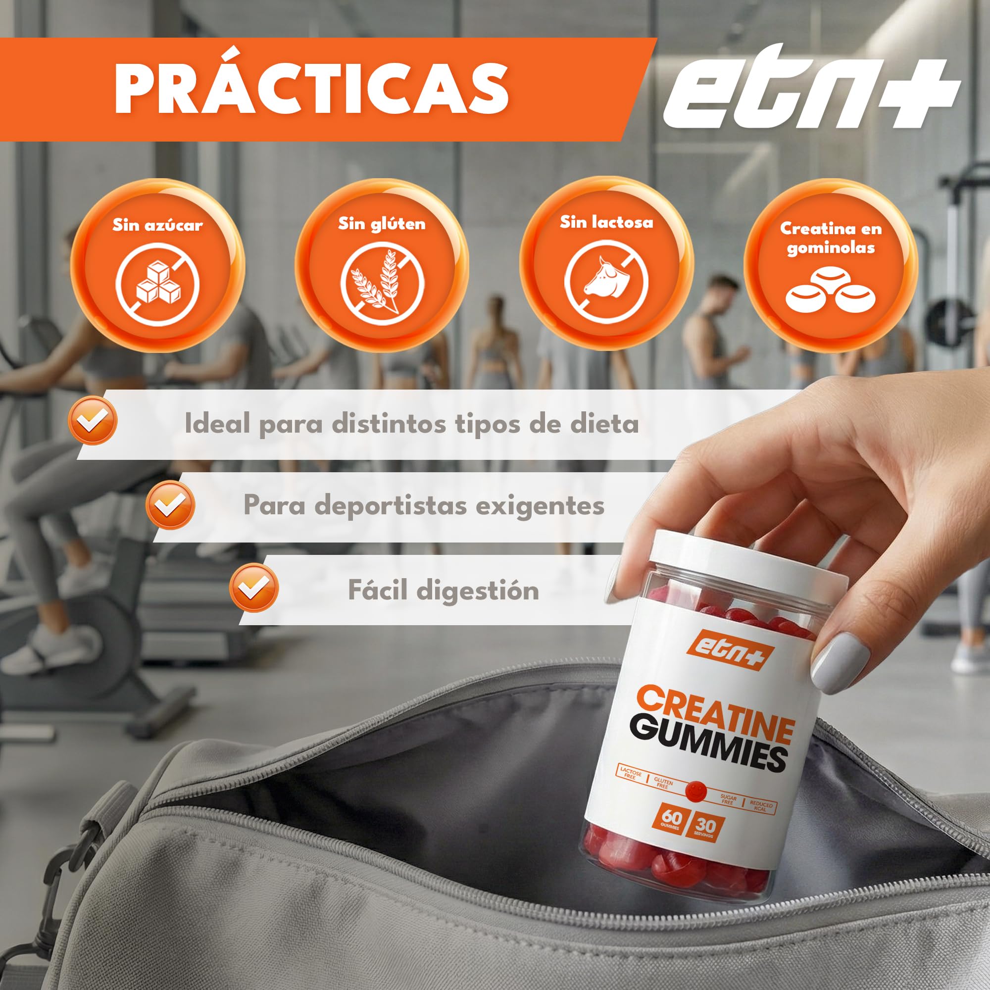 ETN+ Gominolas de Creatina Monohidratada 3000mg | 60 Gummies – 30 Servicios (para 1 mes) | Sin Azúcar, Sin Gluten | Alternativa Cómoda a la Creatina en Polvo | Ingredientes de Origen Natural | Fresa — view 6