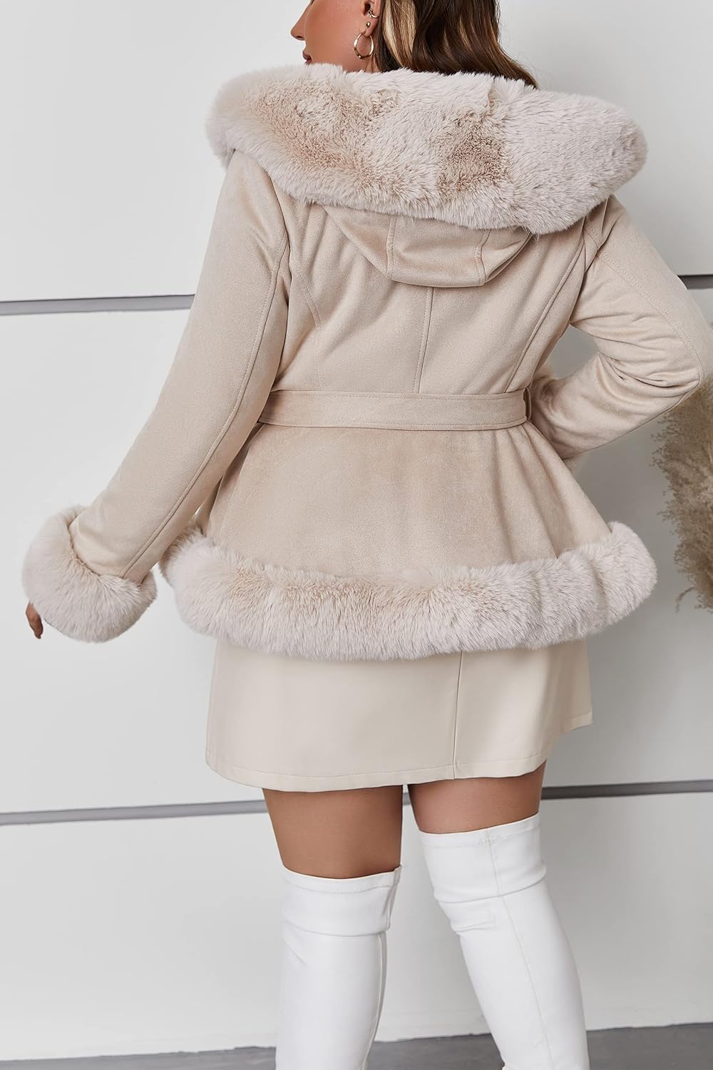 Geschallino Women's Faux Suede Leather Jacket Winter Plus Size Hooded Jacket Warm Fleece lined Dress Belt Coat (1X-5X) - Image 5