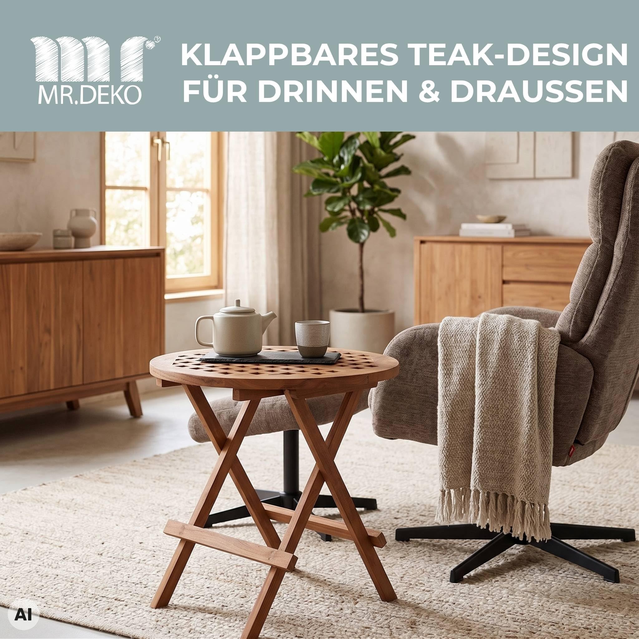 MR. DEKO Beistelltisch klappbar Teak Dorset Ø50cm Holztisch