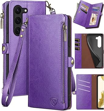 XcaseBar for Samsung Galaxy S23 5G Wallet case with Zipper RFID Blocking Credit Card Holder, Flip Folio Book PU Leather Phone case Shockproof Cover Women Men for Samsung S23 case Purple