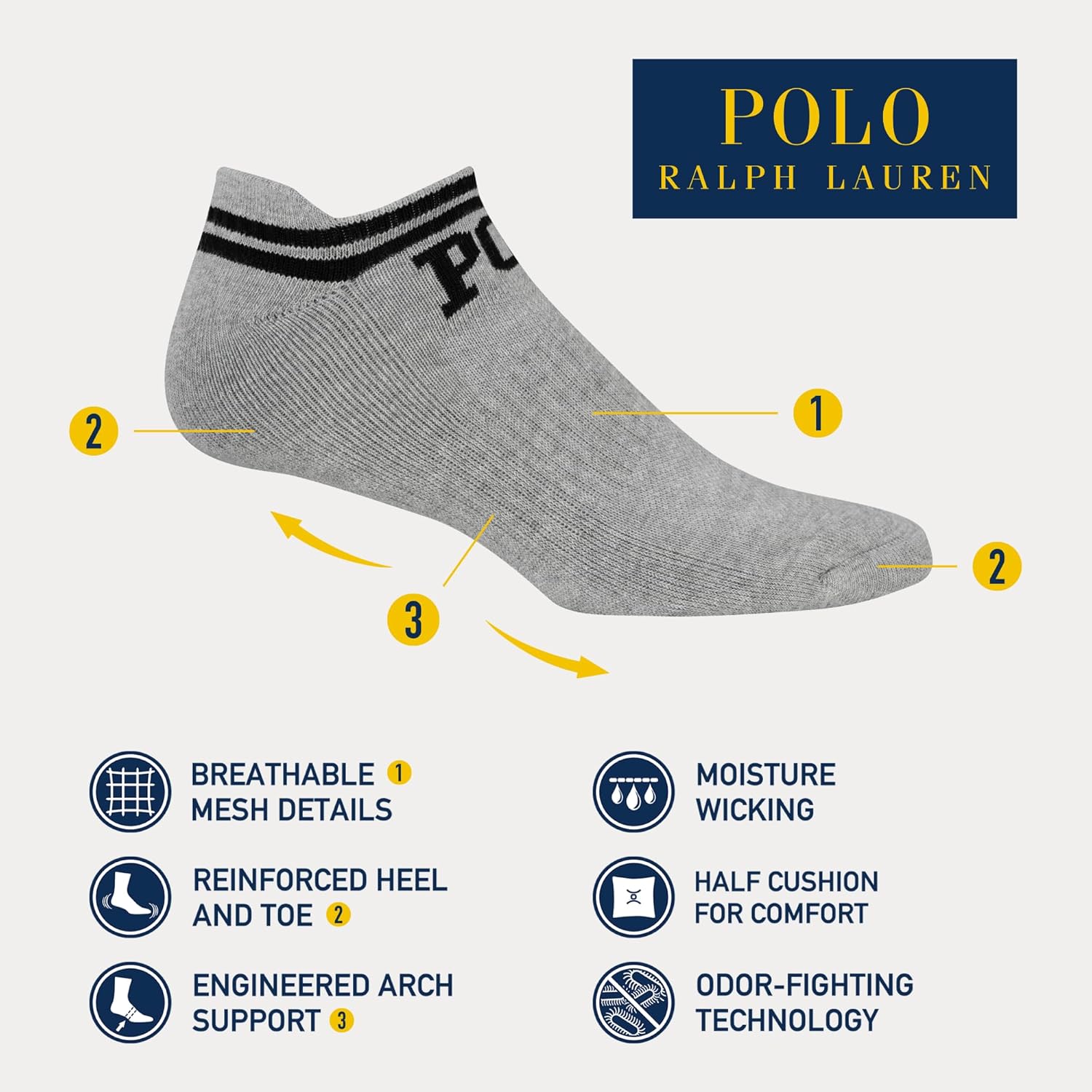 POLO RALPH LAUREN Men's Athletic Performance Low Cut Cotton Socks (6-Pair) - Image 4