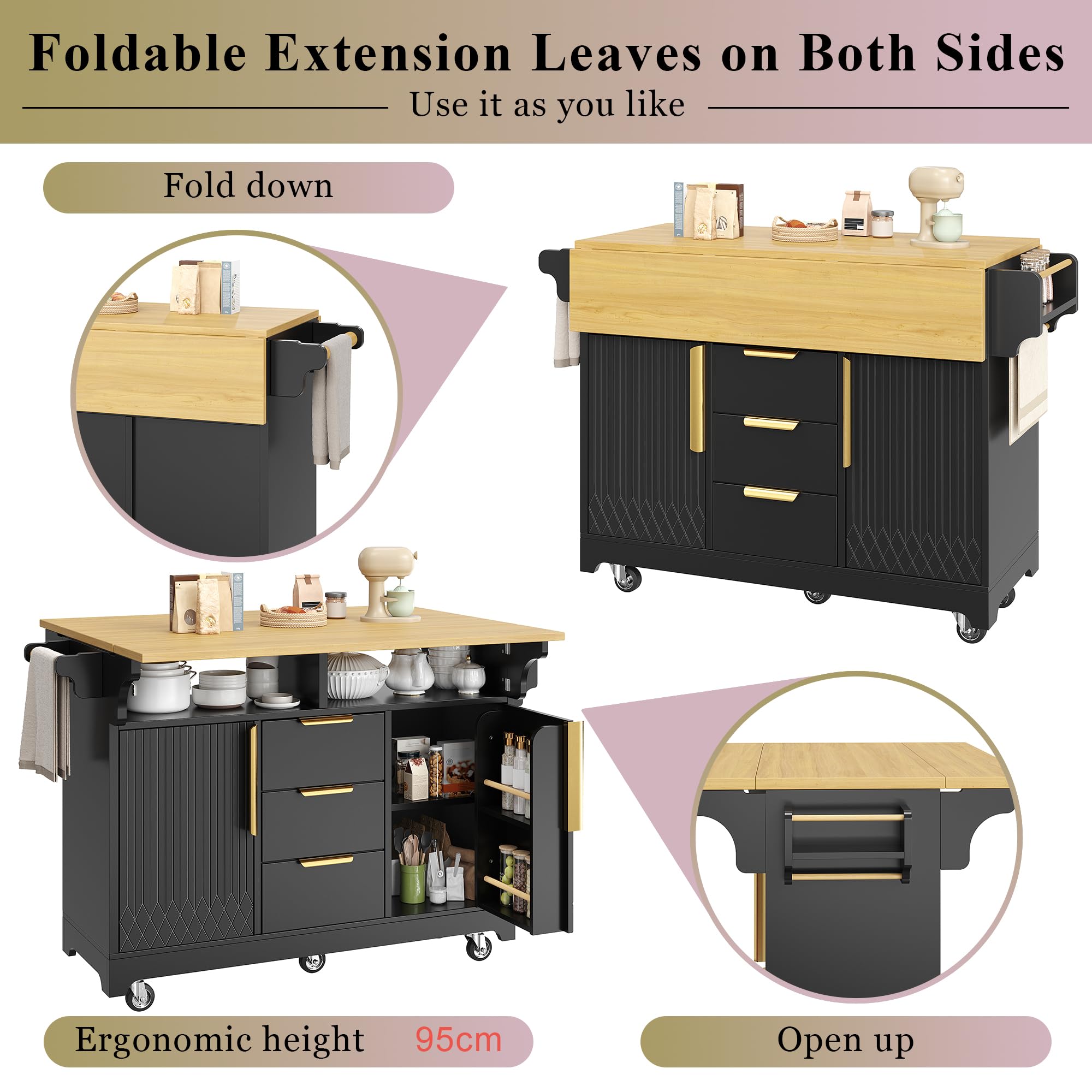 Isola da cucina multifunzionale con estensione tavolo da pranzo, ante con motivo verticale, vano portaoggetti con cassetti, piano pieghevole su entrambi i lati, credenza da cucina su ruote