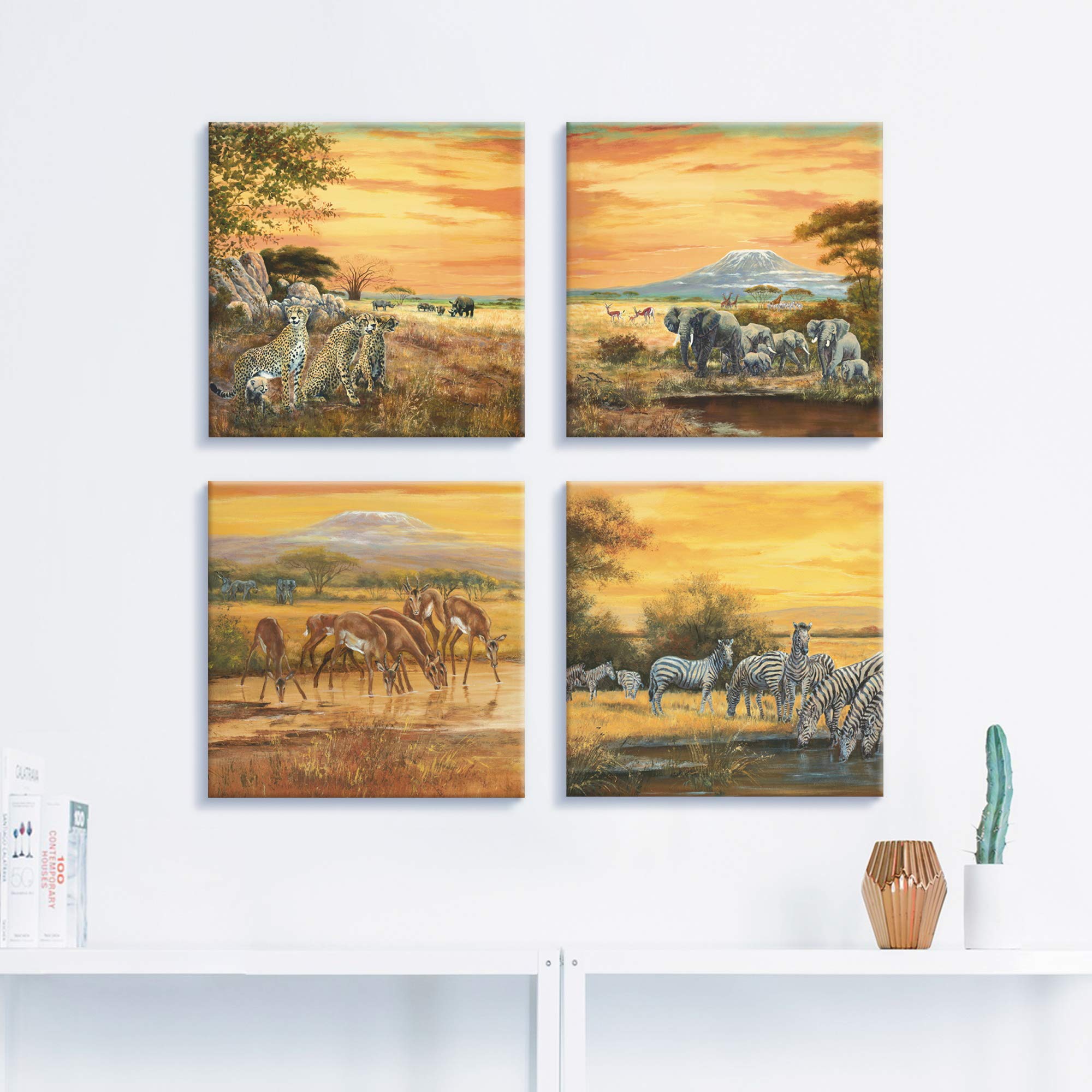 ARTLAND Wanddeko Leinwand Bilder Set 4tlg. je 40x40 cm Quadratisch Wandbilder Tiermotive Geparden Elefanten Zebras Steppe Afrika K2KL