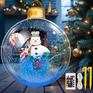 Christmas Inflatable Outdoor Decoration Ball, Giant 24 Inch Santa Claus Large Inflatable Ornaments with LED Light, Christmas Xmas Blow Up Ball for Yard Lawn Porch Tree Holiday Decor