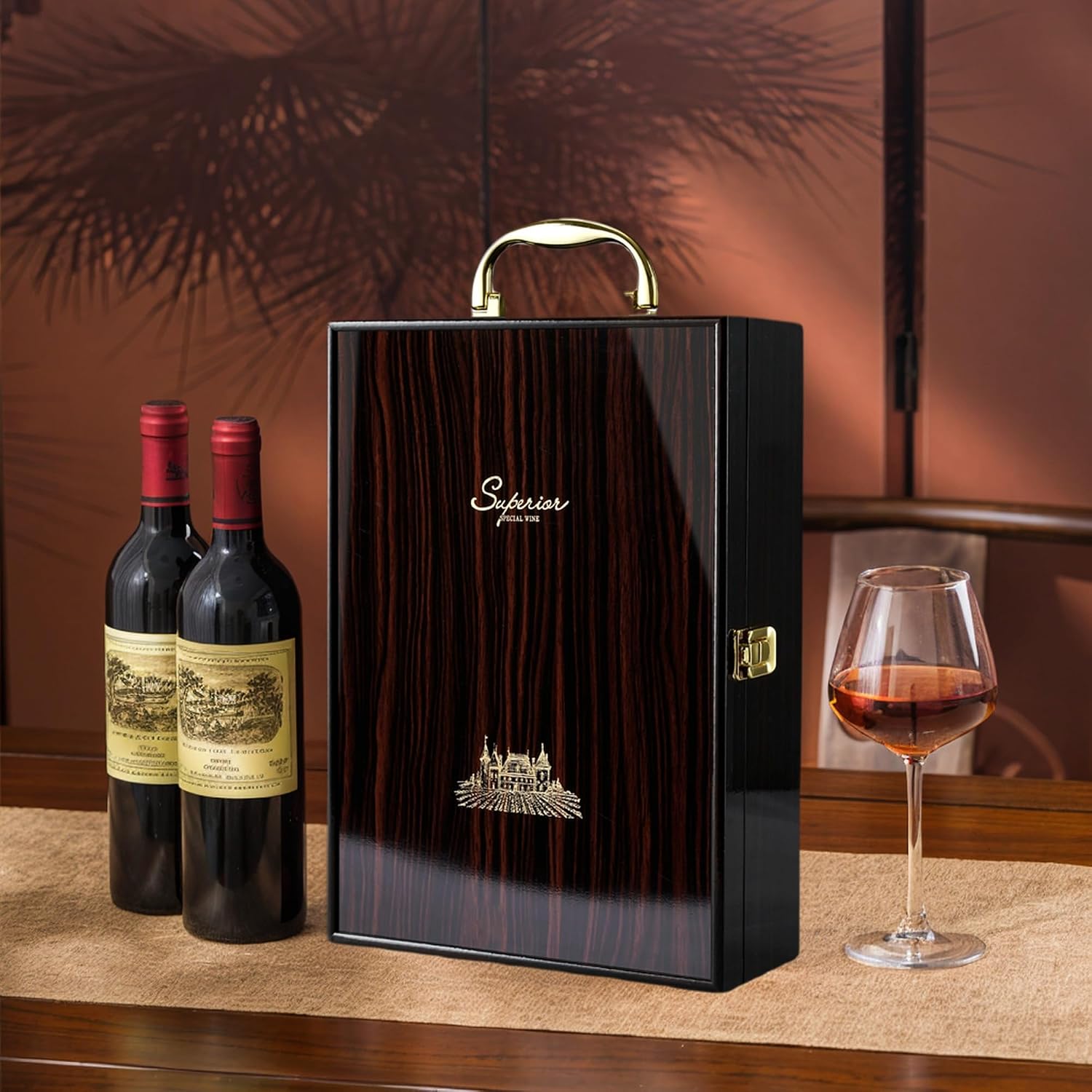 Wine Box, 2 Bottle Top Handle with 3 Accessory Gift for Wedding,Party,Gift,Birthday,Vintage Ebony Wine Storage Box for Home Bar Decor,Handmade Premium Carrier Case