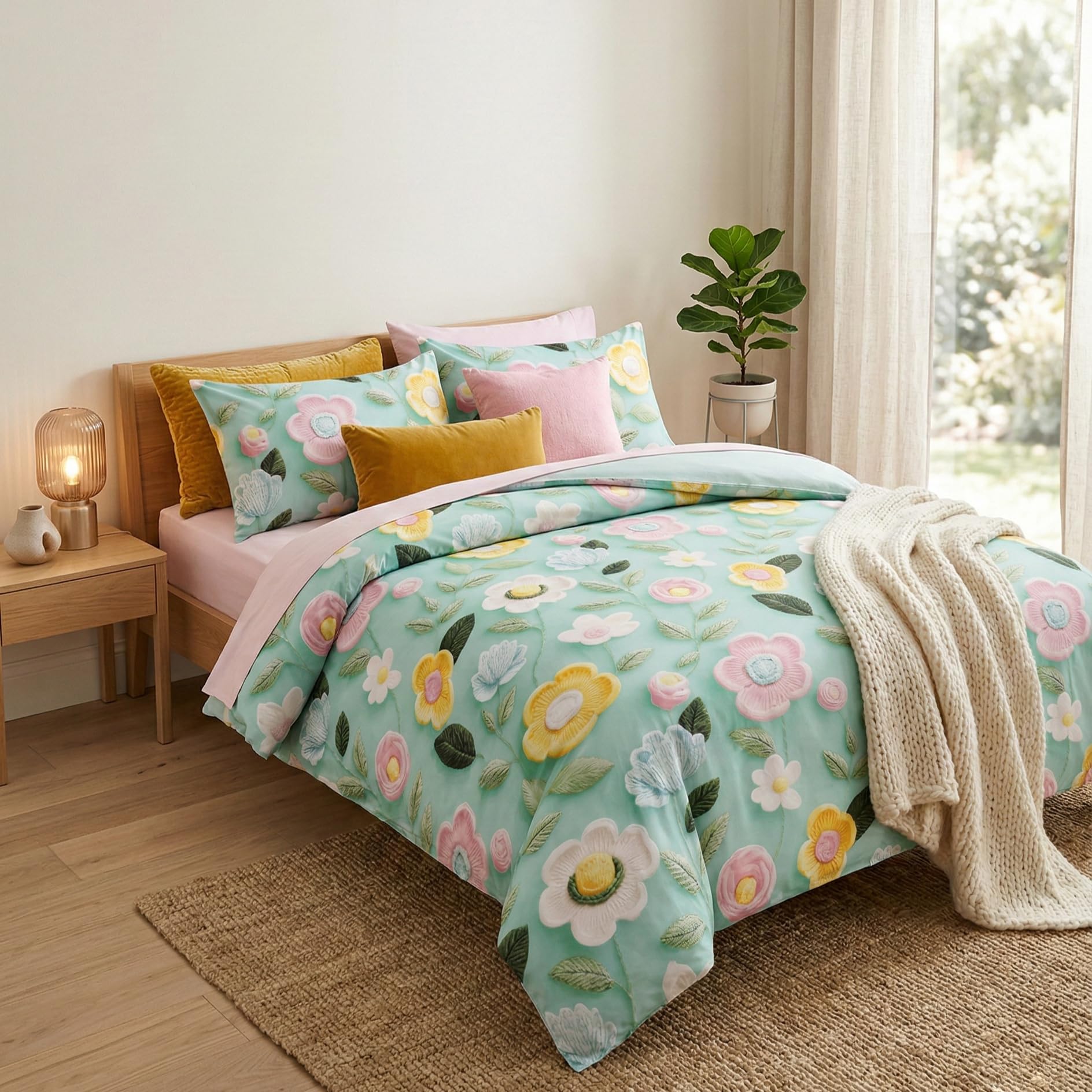 LOOMLYFE 300 TC 7D Cotton Feel Glace Cotton Elastic Fitted Printed King Size Double Bed Bedsheet with 2 Pillow Covers Fits Upto 8 inches Mattress, Size- 72X78 Inches - PastelGreenSunflower