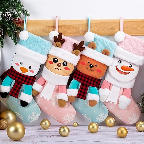 Miniatura 4 de Juego de 6 medias de Navidad, juego de adornos familiares 3D de Papá Noel, muñeco de nieve, reno, pingüino, felpa súper suave para chimenea, árbol