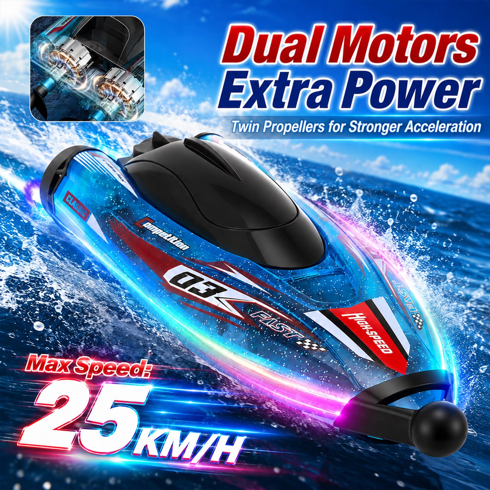 Barca radiocomandata, 25 km/h, 2,4 GHz, portata 100 m, impermeabile, LED, 2 batterie