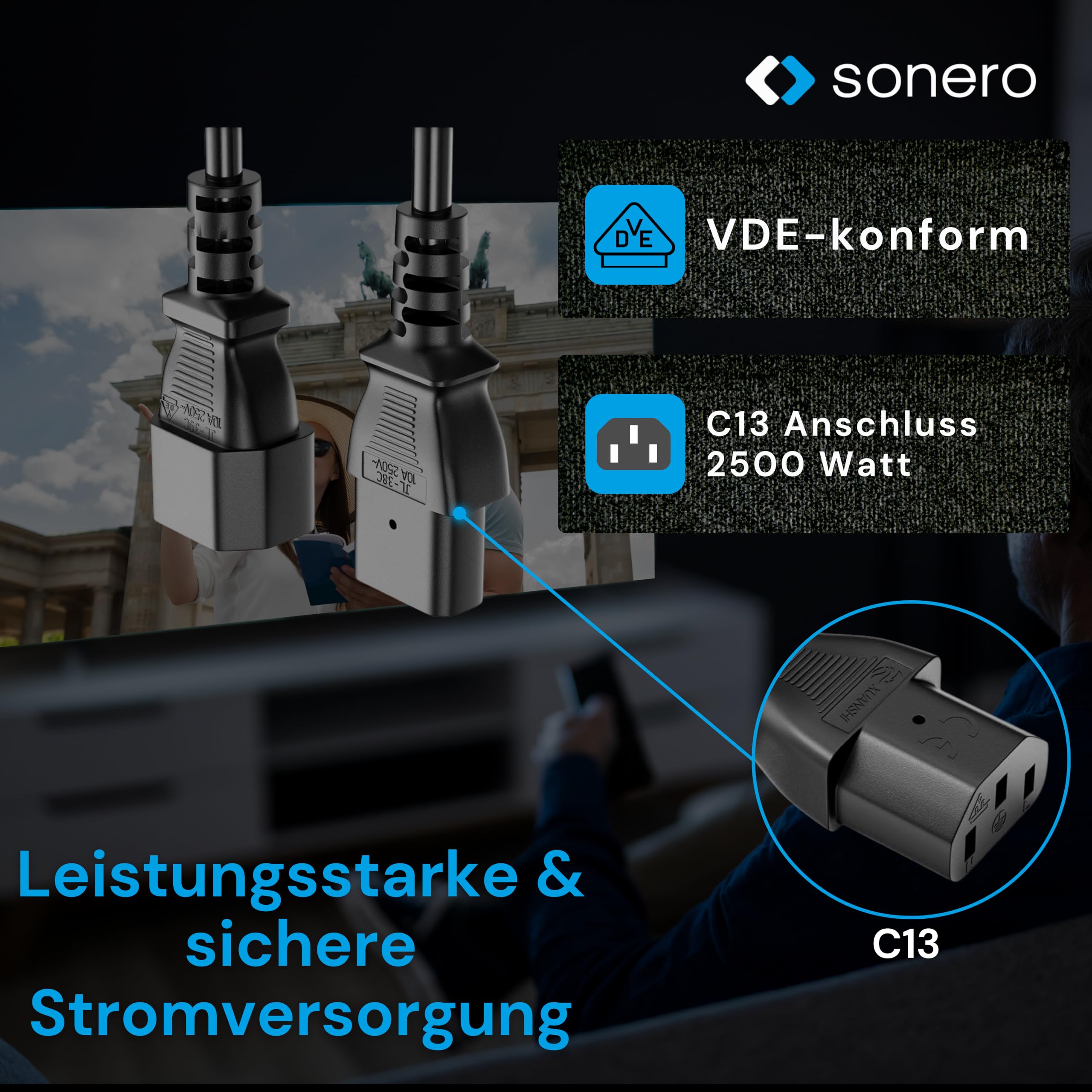 sonero Kaltgerätekabel Kaltgeräte Verlängerung 3 Polig, 2,0m, Kaltgeräte Stecker Netzstecker C14 auf Kaltgerätekupplung C13 Buchse, Verlängerungskabel Netzkabel für Monitor PC Drucker, Schwarz