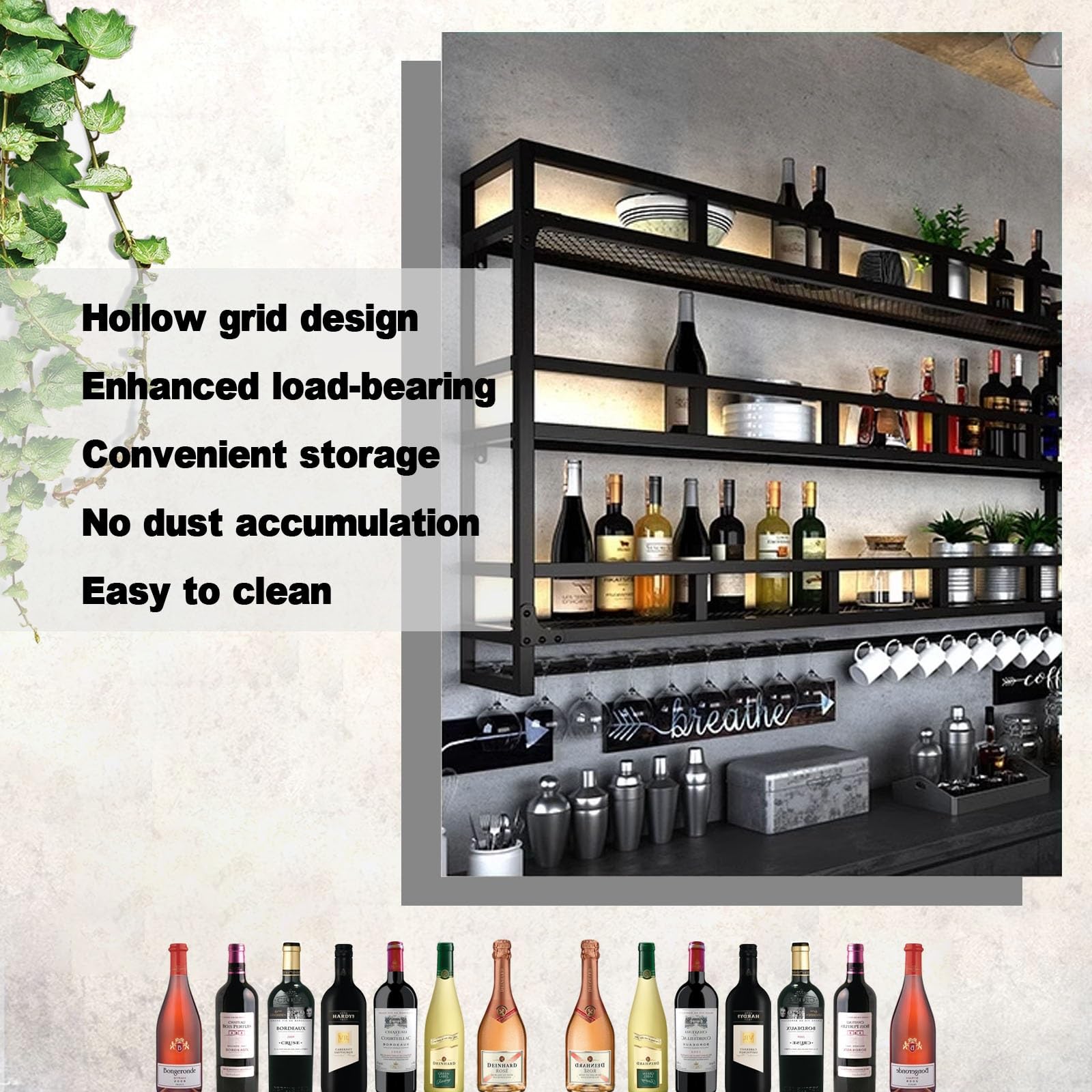 ISCBAFYX Stojak na wino LED montowany na ścianie z dużym uchwytem na kieliszki i metalową półką na alkohol 3-warstwowy stojak do przechowywania do kuchni lub salonu Złote wykończenie 120 cm