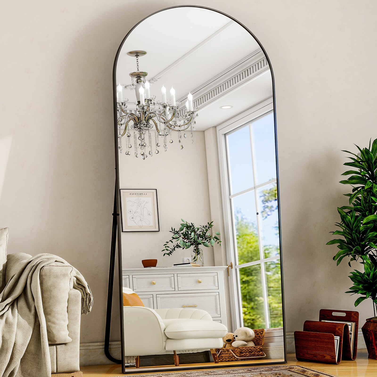 Full Body Mirrors Arched Large Full Length Mirror with Stand Aluminum Wall Mounted Hanging or Leaning Standing Mirrors (Black, 34"x76")